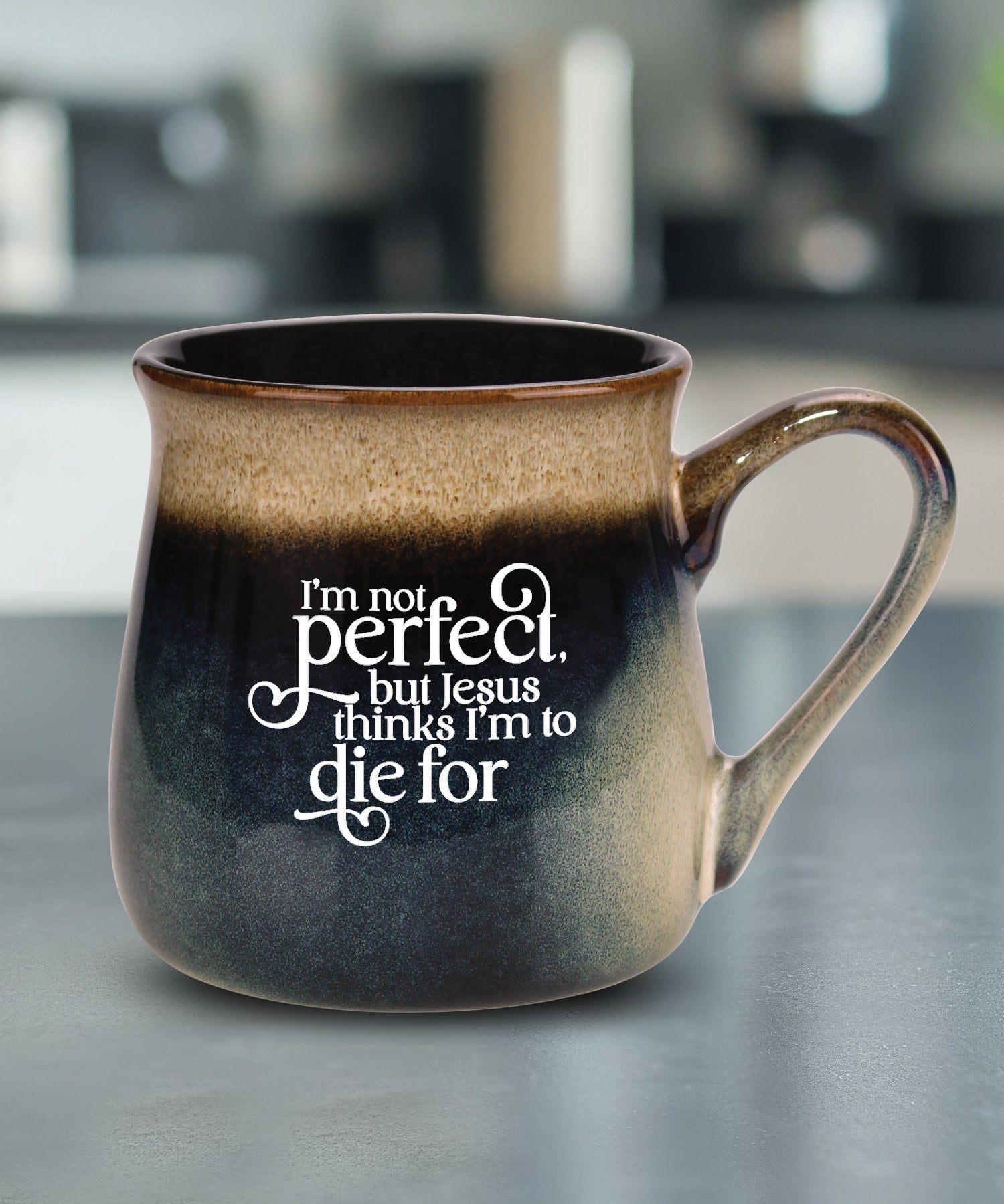 I’m Not Perfect reactive glazed ceramic mug with unique color finish and faith-based humorous message, 16 oz