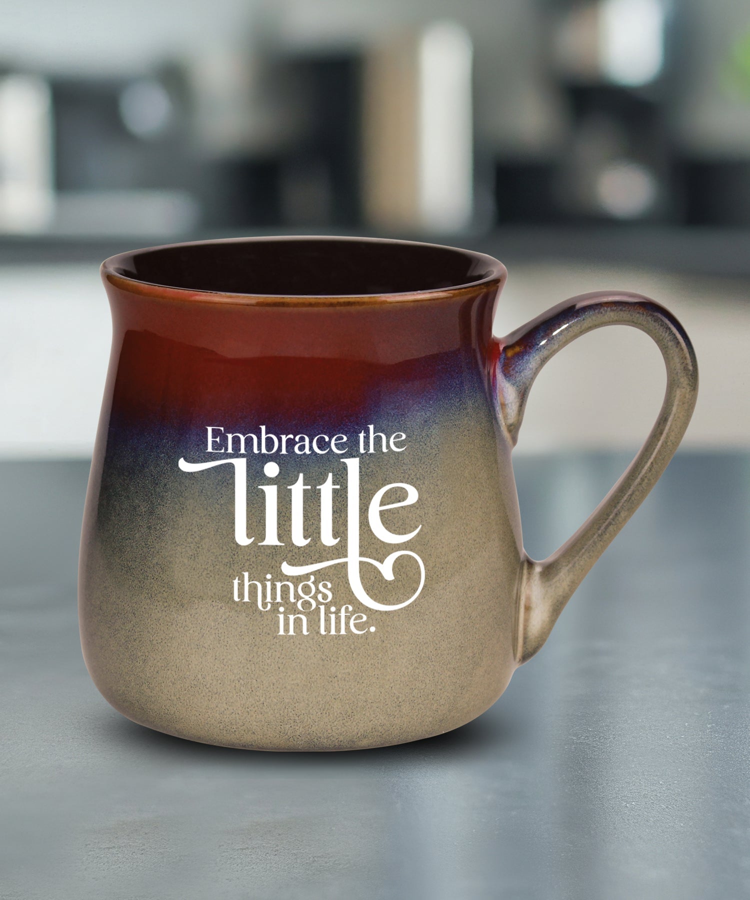 Embrace the Little Things reactive glazed ceramic mug with unique color finish and uplifting inspirational message, 16 oz