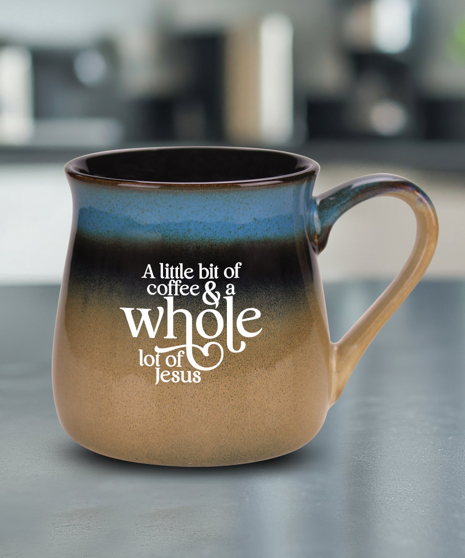 A Little Bit of Coffee reactive glazed ceramic mug with unique color finish and faith-inspired coffee message, 16 oz