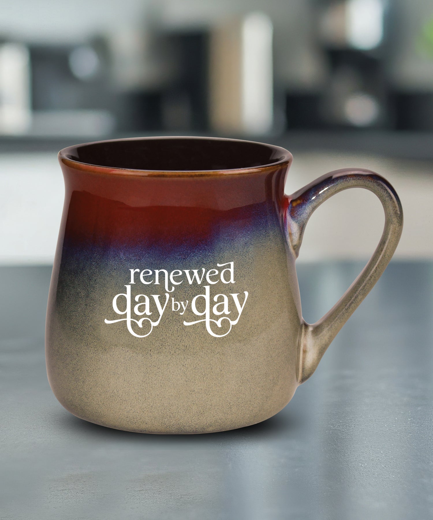 Renewed Day by Day reactive glazed ceramic mug with unique color finish and faith-inspired encouragement message, 16 oz