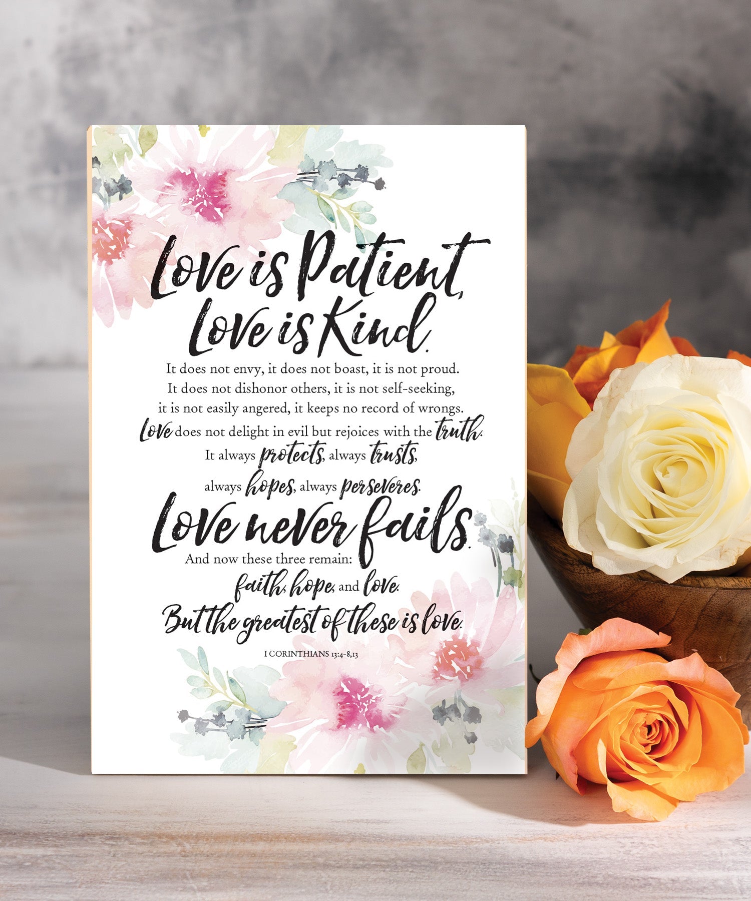 Love Is Patient 6x9 MDF plaque with I Corinthians 13 scripture verse, pastel artwork, cream vinyl edge, easel back, and inspirational faith message