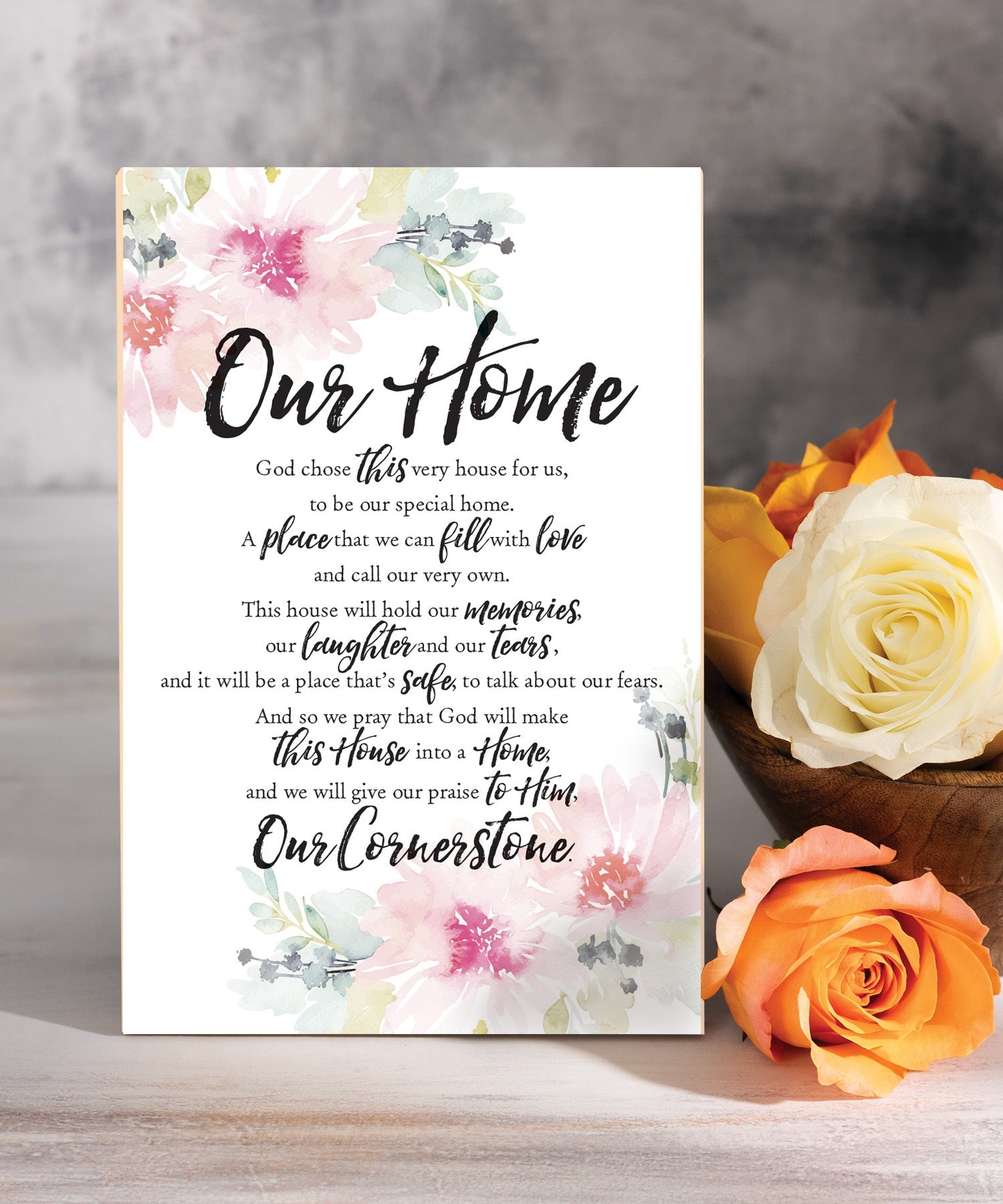 Our Home 6x9 MDF Plaque with Inspirational Verse and Pastel Full-Color Design from the Woodland Grace Collection