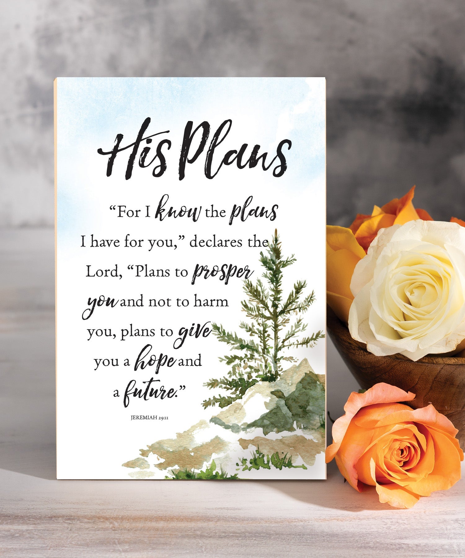 His Plans 6x9 MDF Plaque with Inspirational Verse and Pastel Full-Color Design from the Woodland Grace Collection
