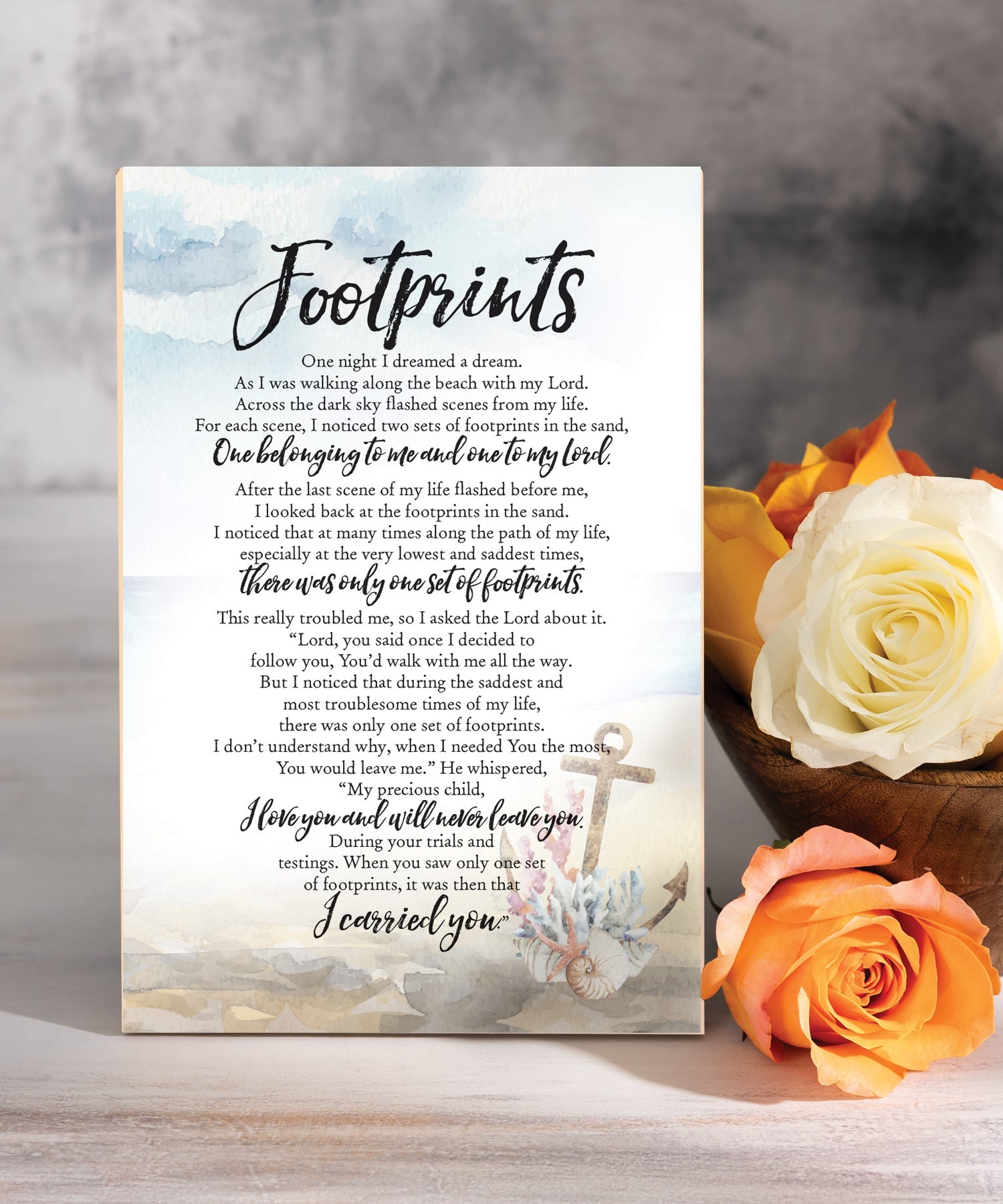 Footprints 6x9 MDF plaque with inspirational faith poem, pastel artwork, cream vinyl edge, easel back, and comforting Christian message