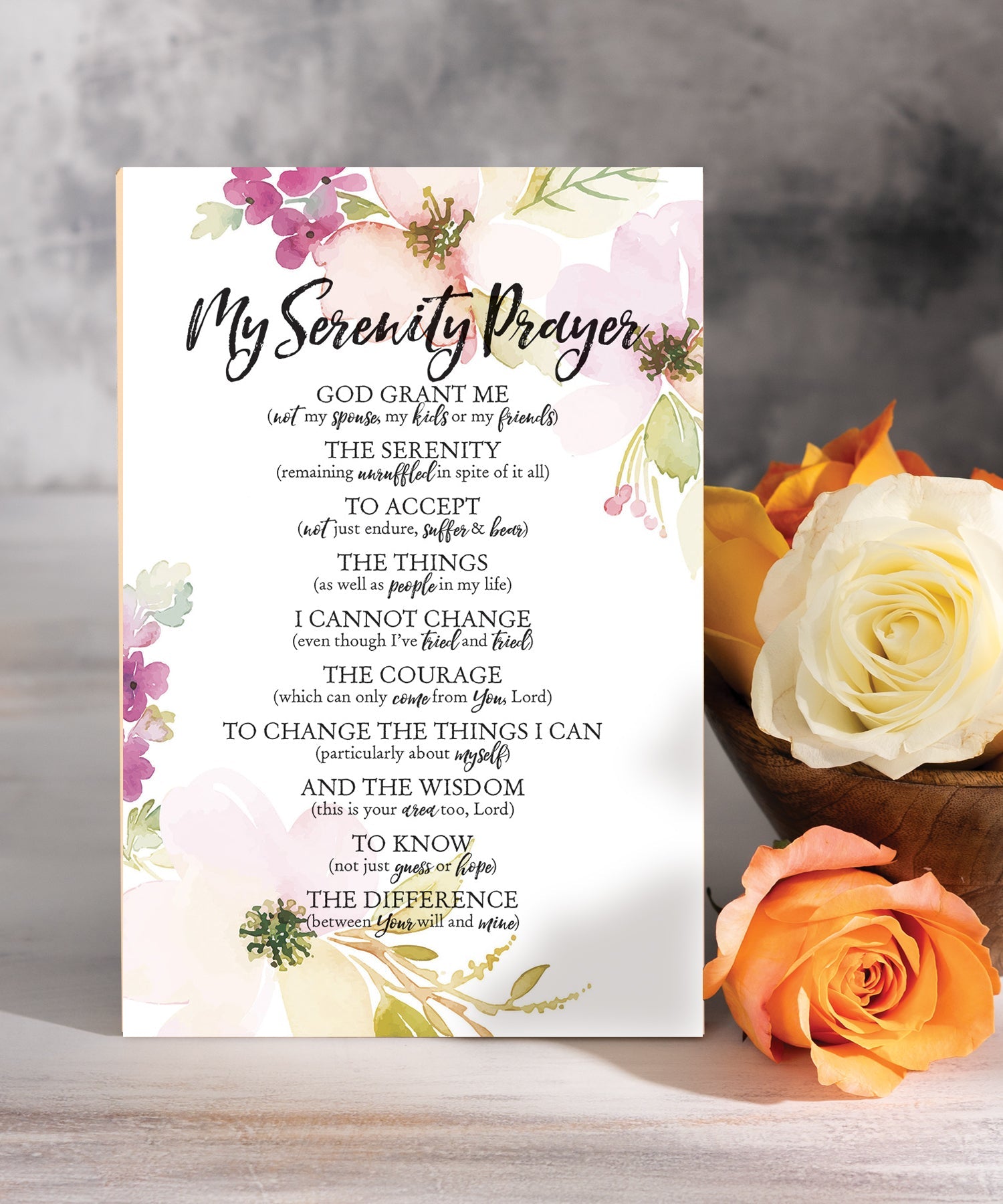 My Serenity Prayer 6x9 MDF plaque with inspirational prayer text, pastel artwork, cream vinyl edge, easel back, and faith-based encouragement message