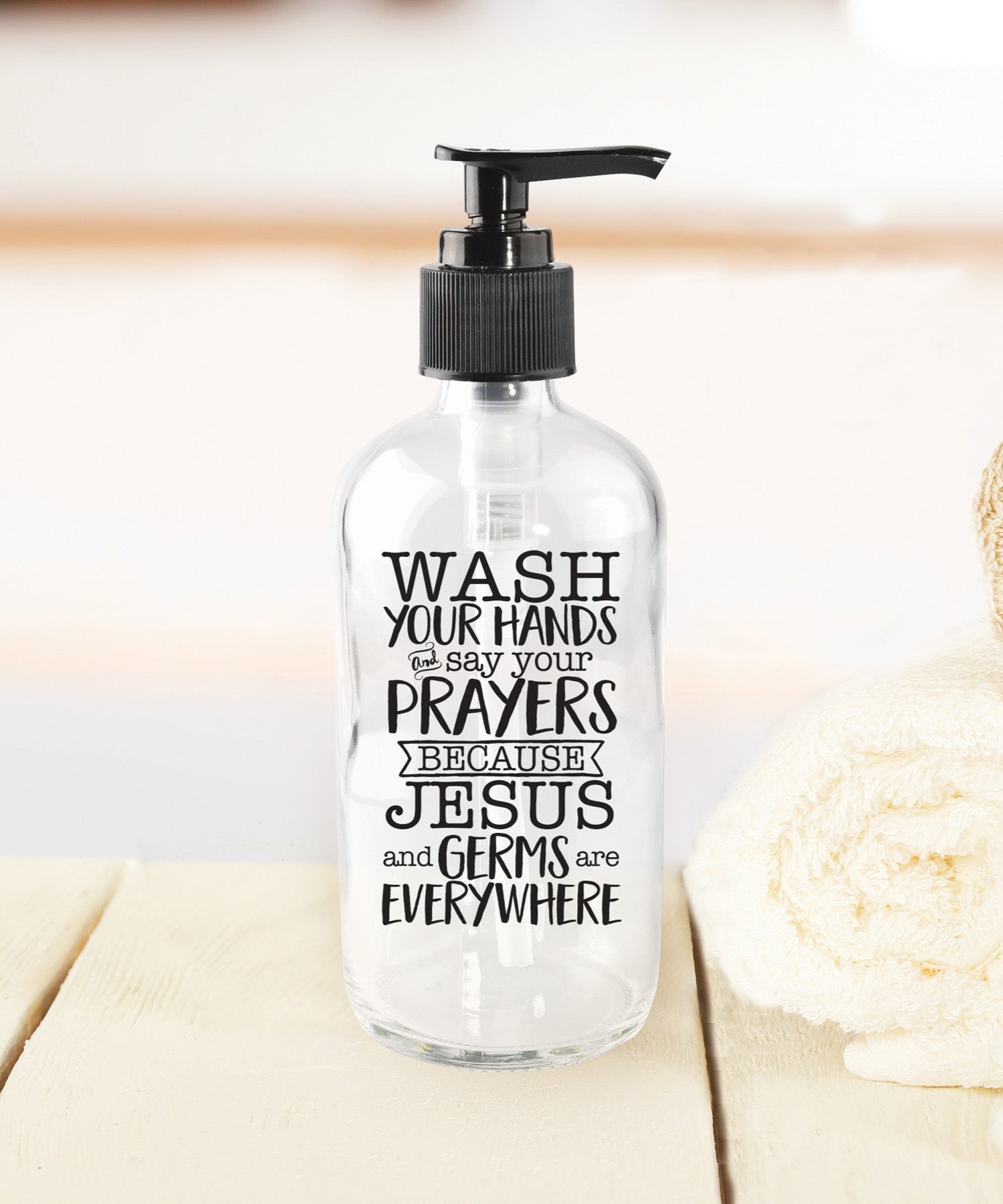 Jesus and germs glass soap dispenser with humorous faith message on clear glass bottle and plastic pump, 8 oz