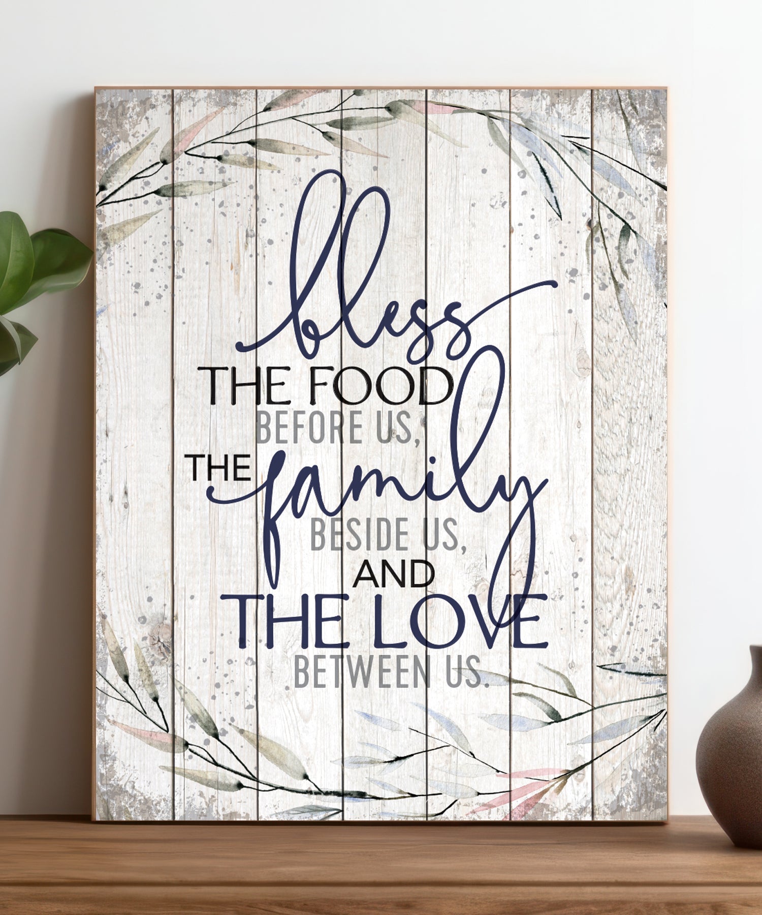 Bless the Food 11x15 MDF Statement Board has an inspiring sentiment and a reclaimed wood look in farmhouse style.