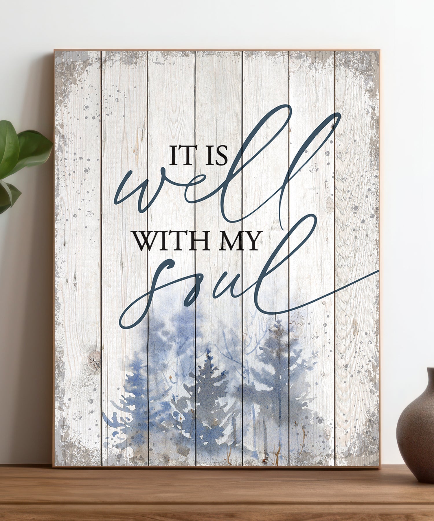 It Is Well 11x15 MDF Statement Board has an inspiring sentiment and a reclaimed wood look in farmhouse style.