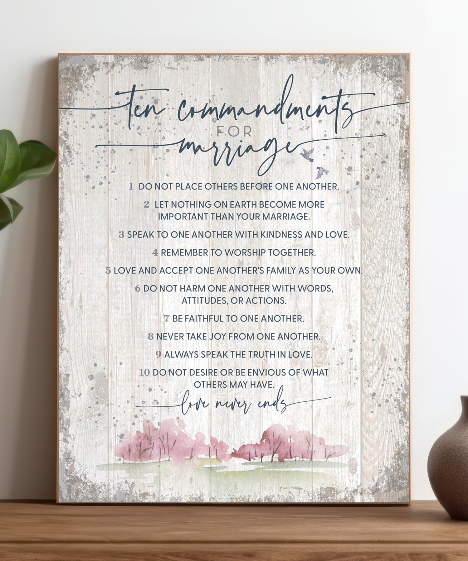 Ten Commandments for Marriage 11x15 MDF Statement Board has an inspiring sentiment and a reclaimed wood look in farmhouse style.