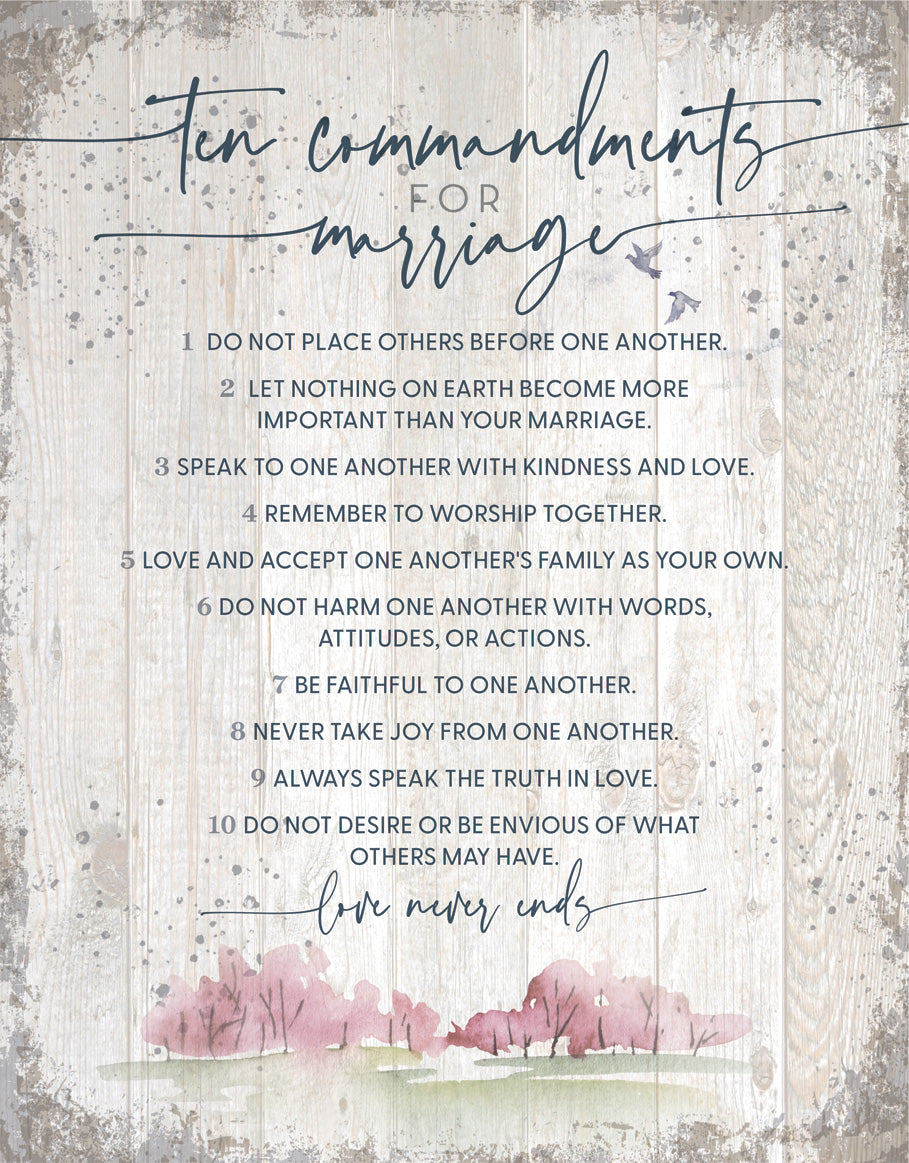 Ten Commandments for Marriage 11x15 MDF Statement Board has an inspiring sentiment and a reclaimed wood look in farmhouse style.