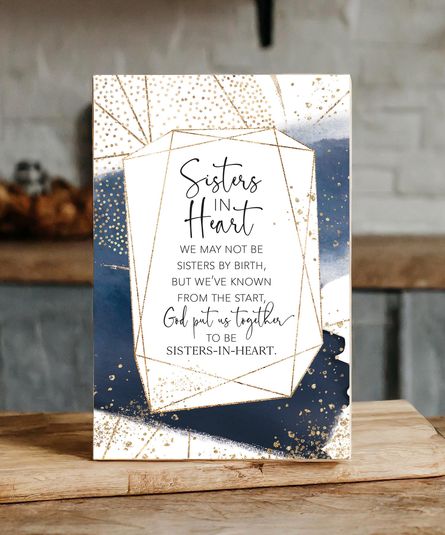 Sisters in Heart 6x9 MDF plaque with watercolor artwork, black vinyl edge, and inspirational friendship message