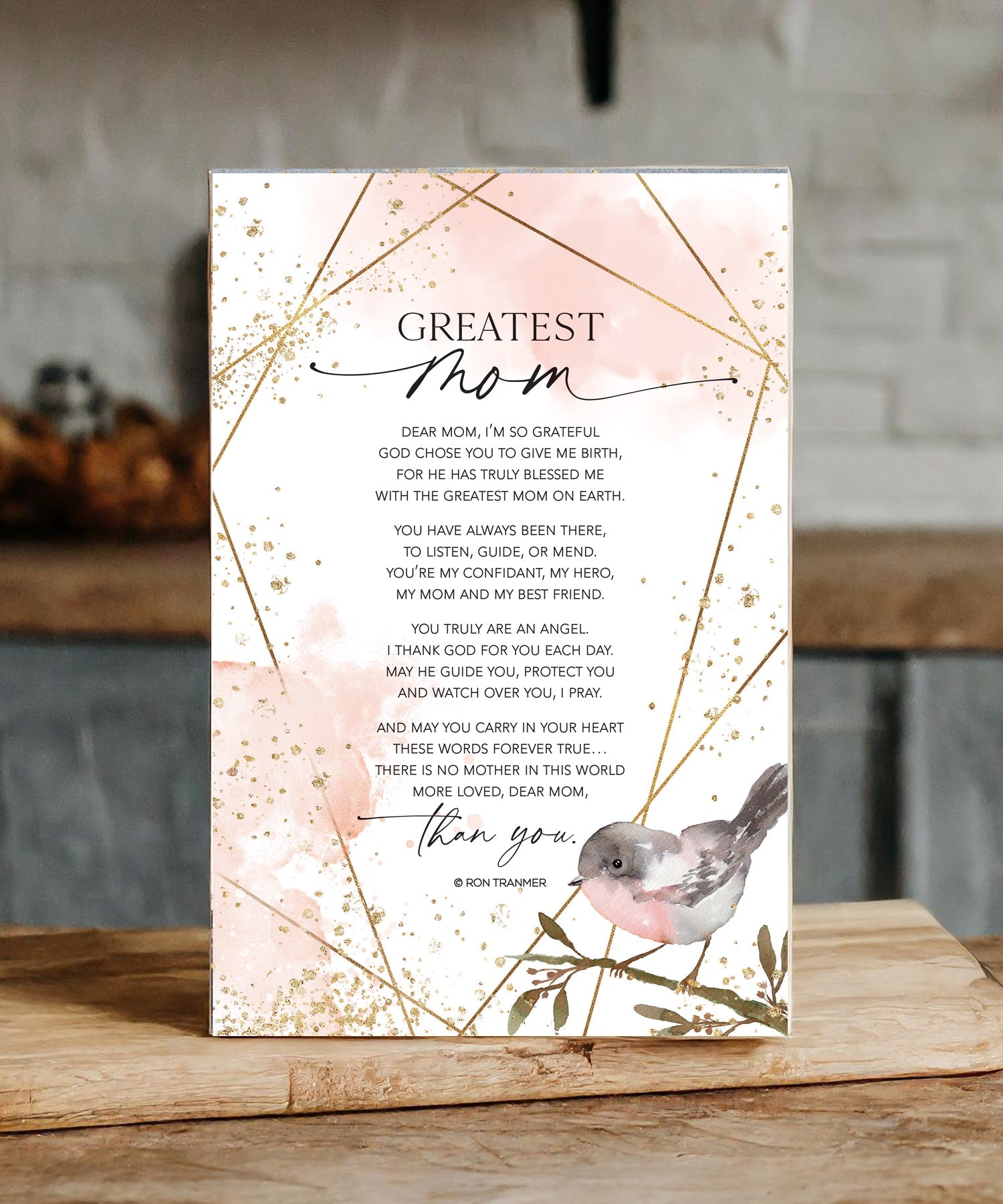 Greatest Mom 6x9 MDF Plaque with neutral tones, watercolor design, and inspirational verse