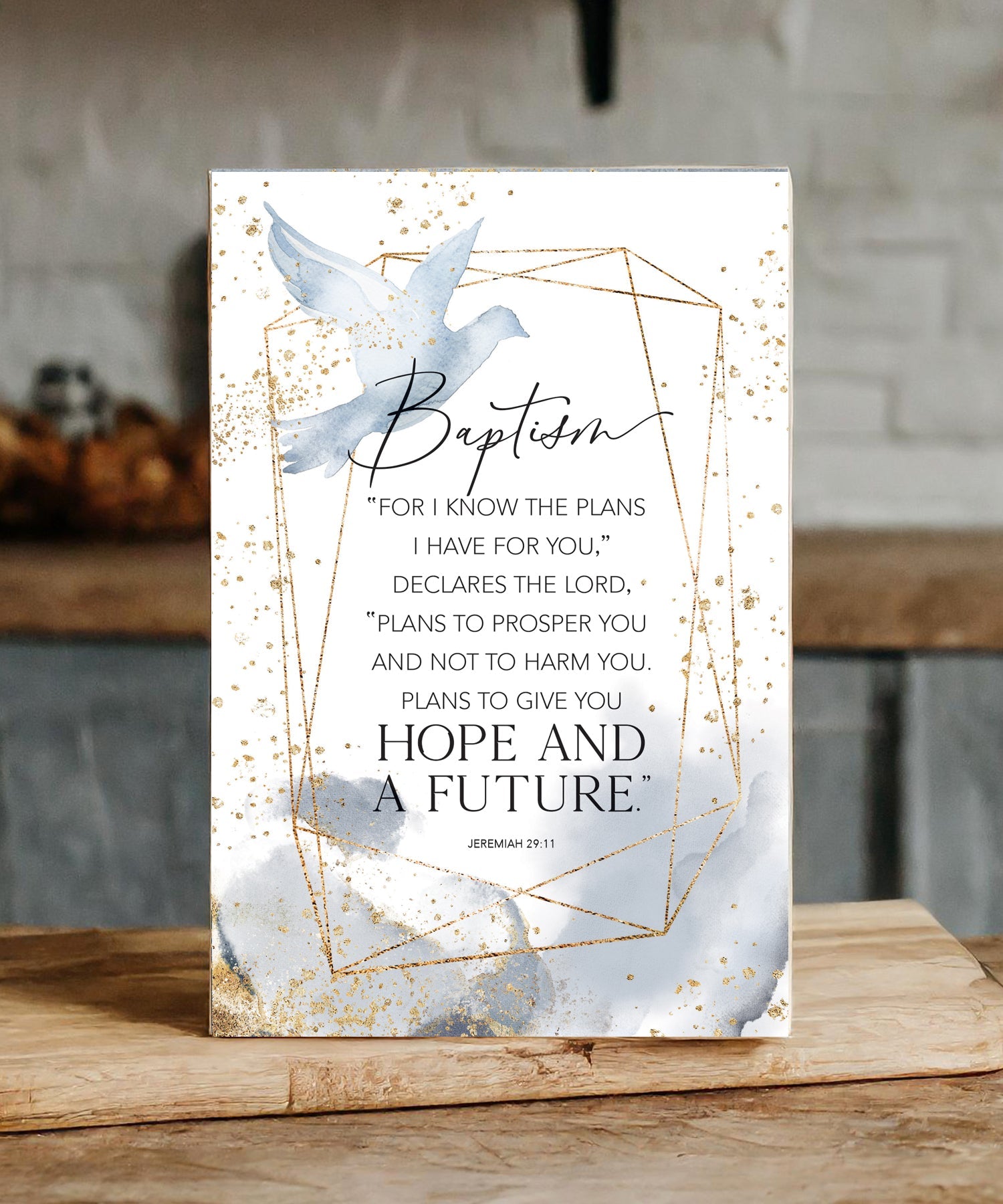 Baptism 6x9 MDF Plaque with neutral tones, watercolor design, and inspirational verse