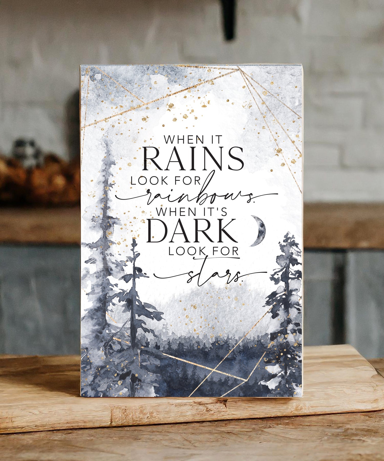 When It Rains 6x9 MDF plaque with watercolor artwork, black vinyl edge, and inspirational encouragement message