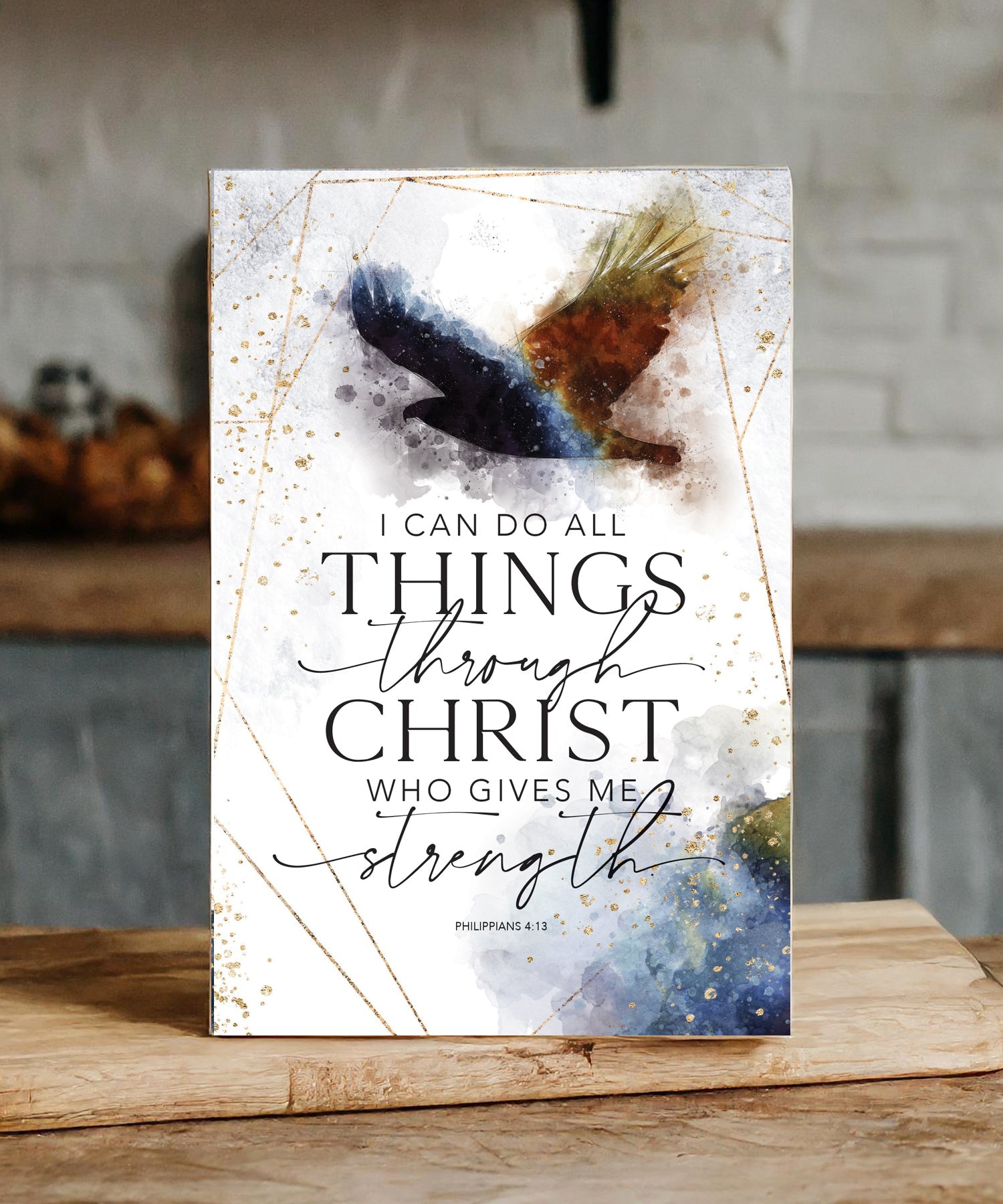 I Can Do All Things 6x9 MDF plaque with watercolor artwork, black vinyl edge, and Scripture verse from Philippians 4:13