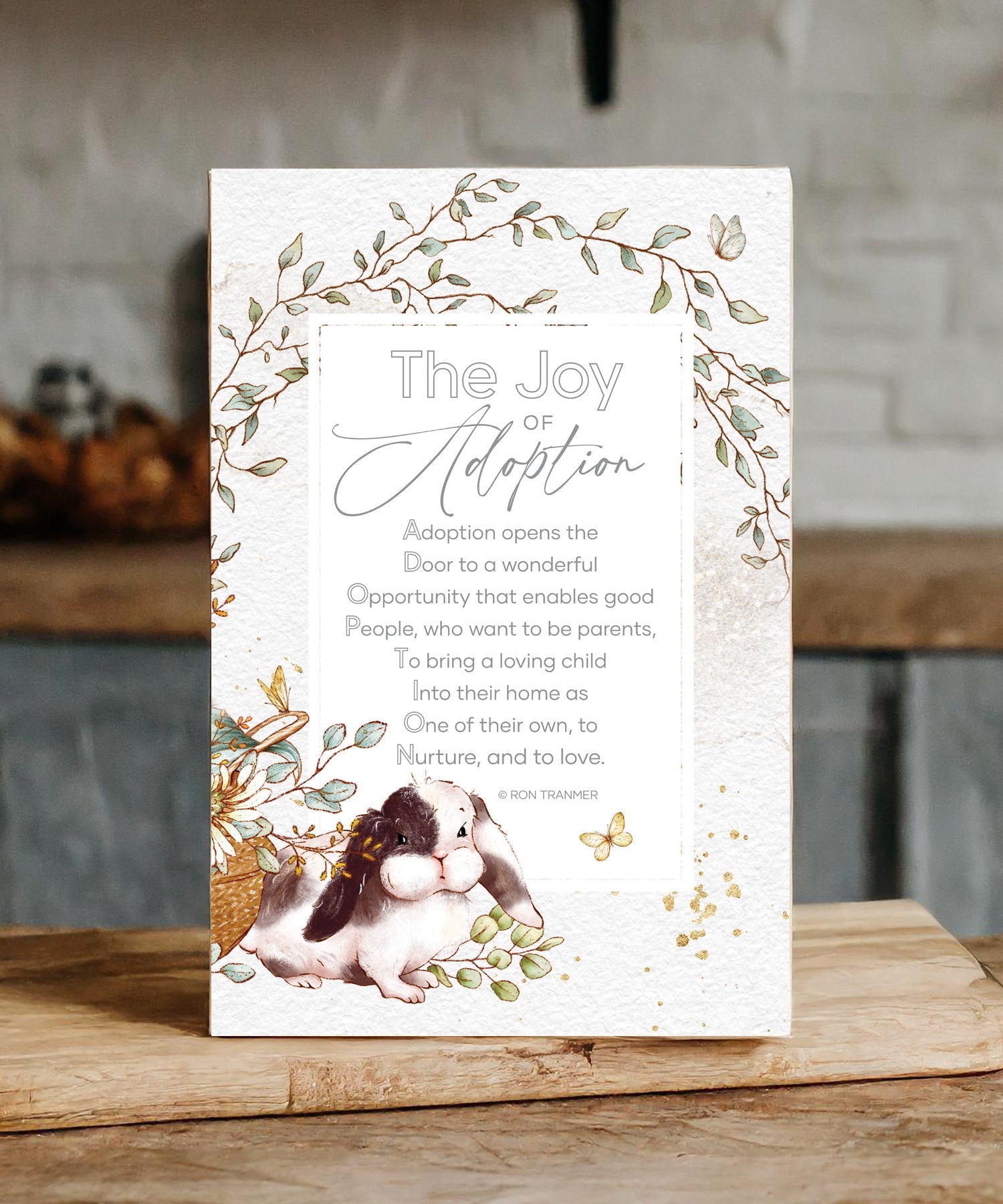 The Joy of Adoption 6x9 MDF Plaque with modern design, silver edge, and inspirational verse