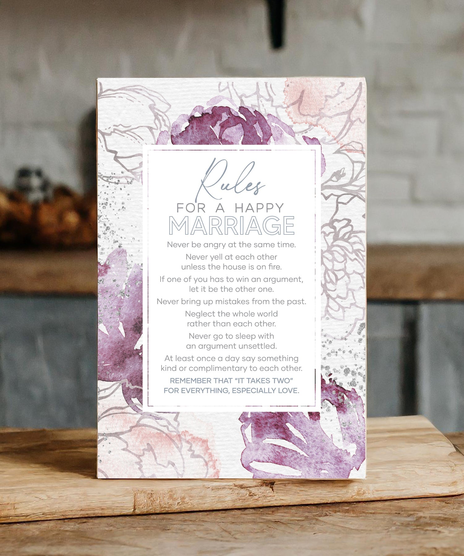 Rules for Happy Marriage 6x9 MDF plaque with watercolor artwork, silver edge, and inspirational marriage rules message