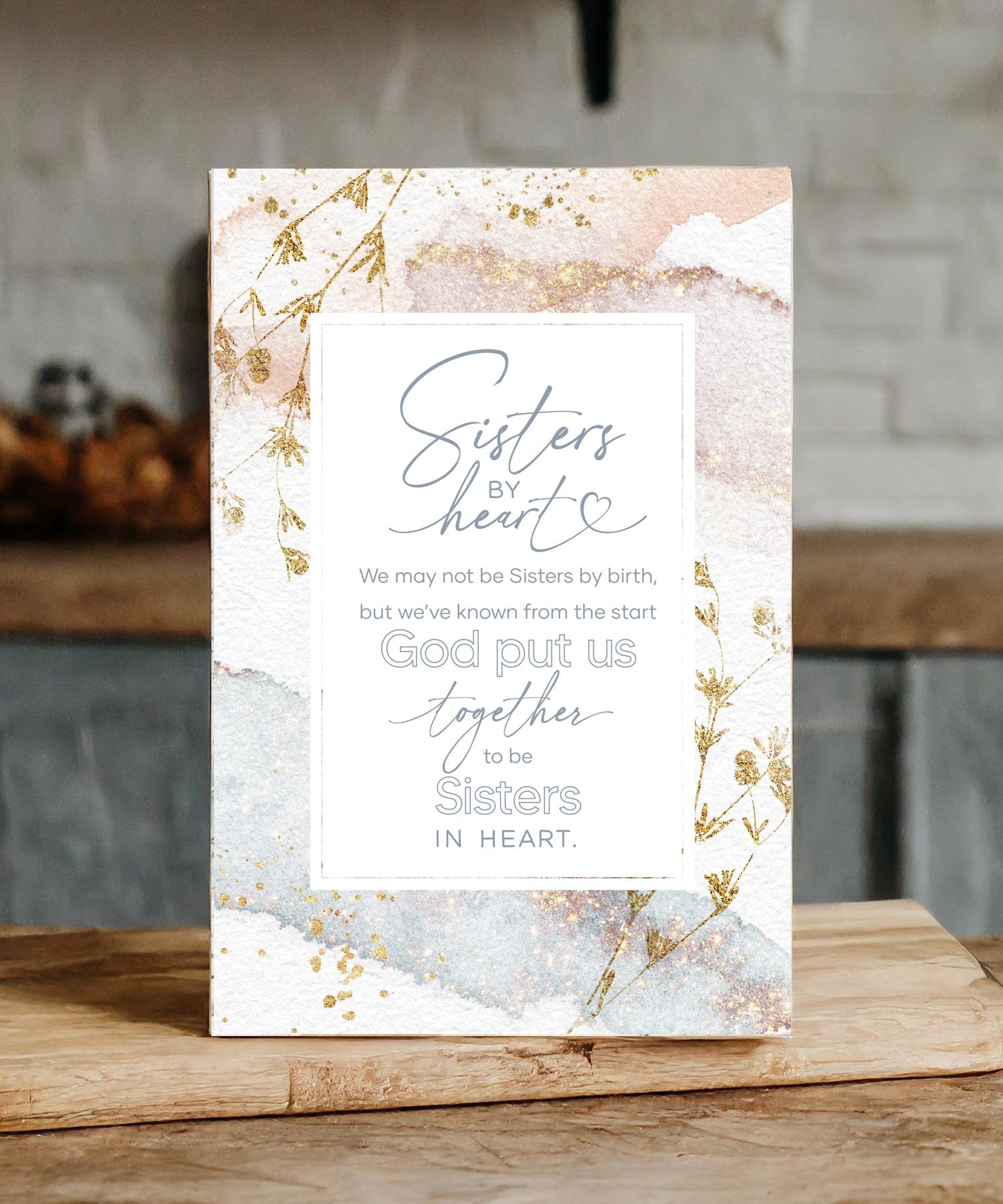 Sisters by Heart 6x9 MDF Plaque with modern design, silver edge, and inspirational verse