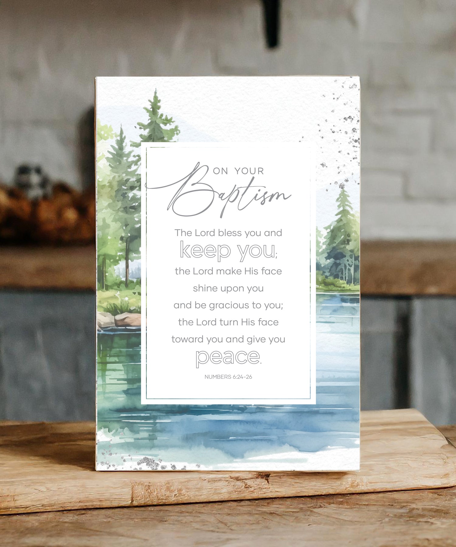 On Your Baptism 6x9 MDF plaque with watercolor artwork, silver edge, and Scripture blessing from Numbers 6:24–26