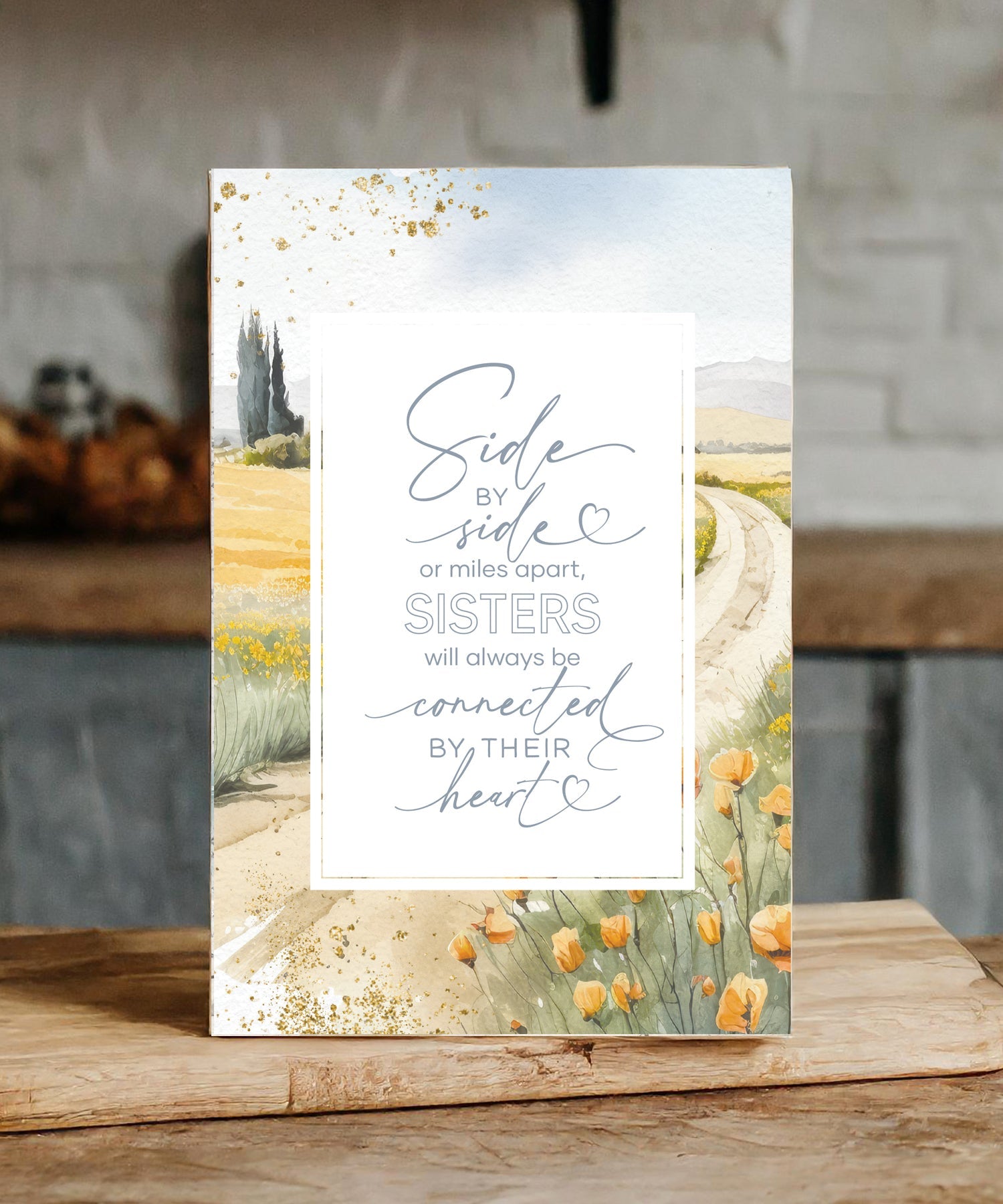 Side by Side Sisters 6x9 MDF Plaque with modern design, silver edge, and inspirational verse