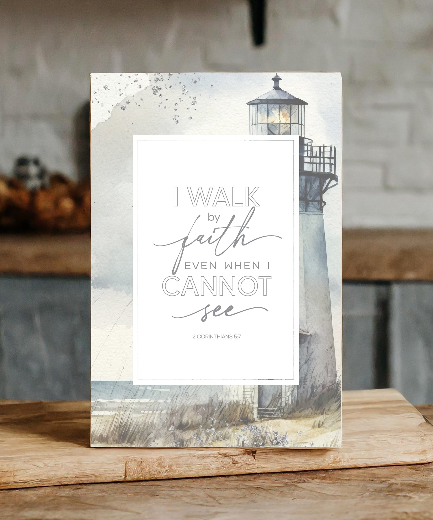 I Walk by Faith 6x9 MDF Plaque with modern design, silver edge, and inspirational verse