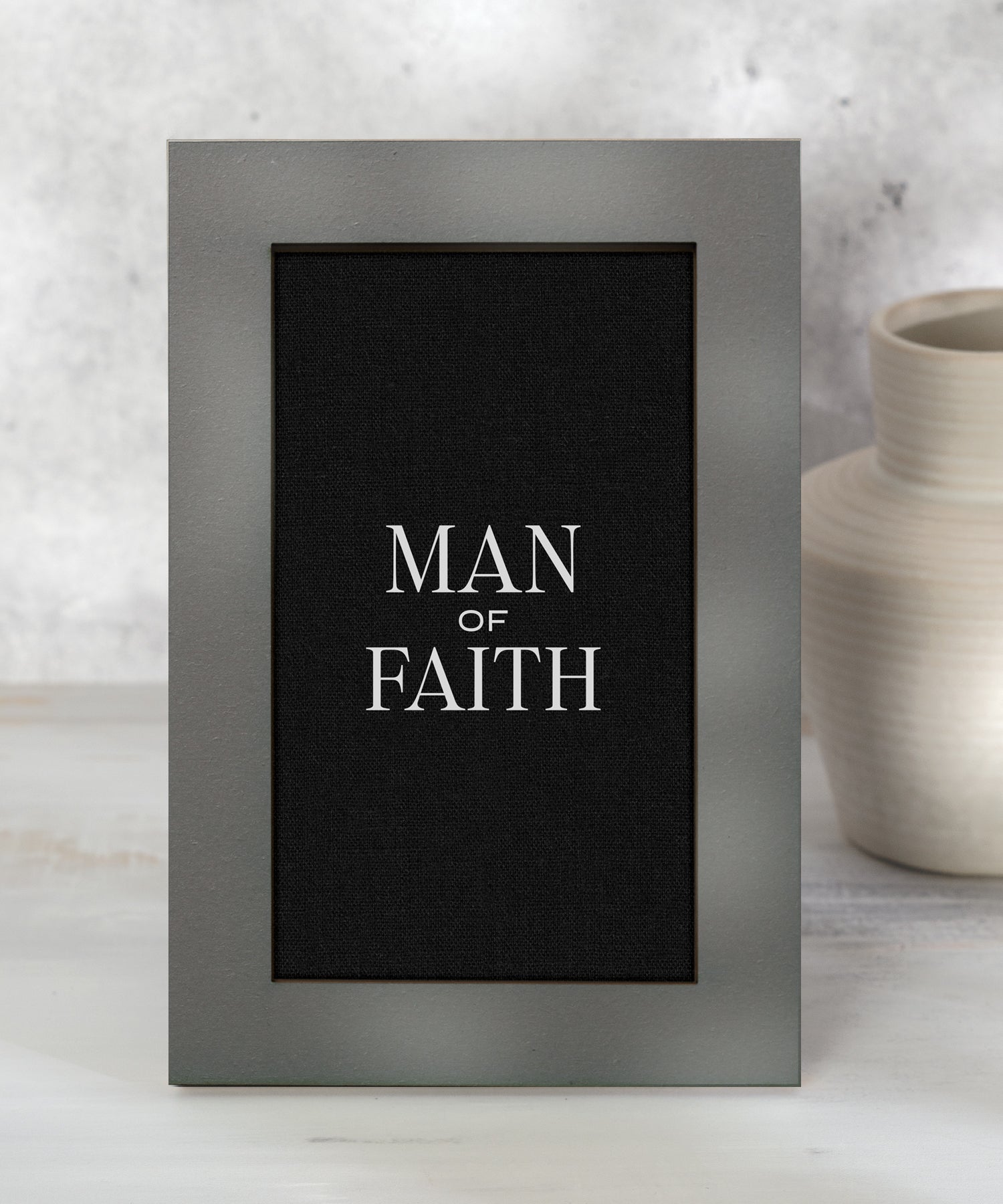 Man of Faith inspirational Christian 6x9 MDF plaque with modern black linen design