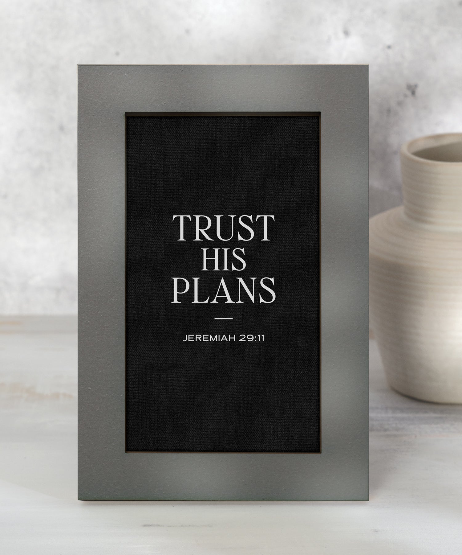 Trust His Plans inspirational Christian 6x9 MDF plaque with modern black linen design