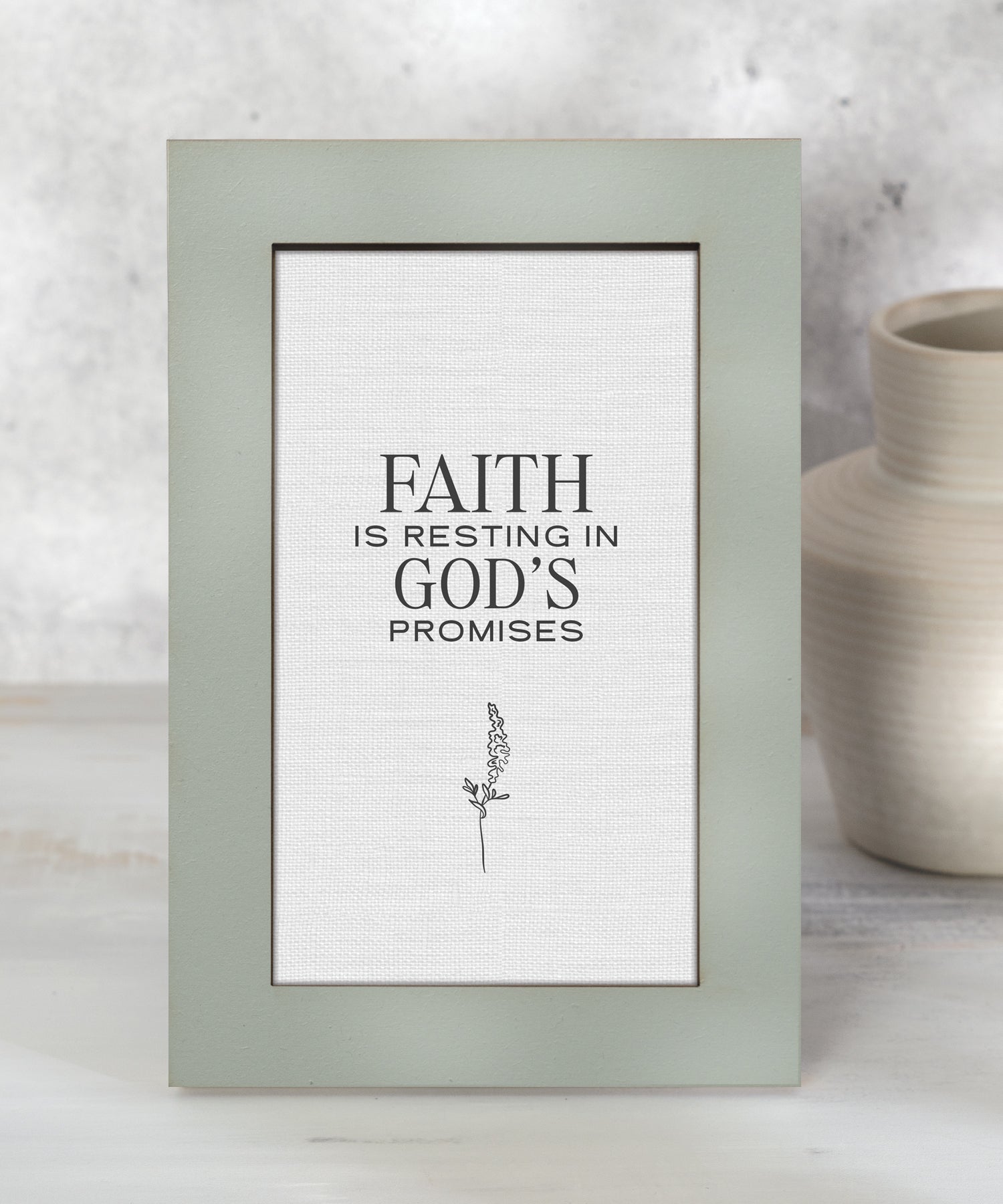 Faith Is Resting in God's Promises inspirational Christian 6x9 MDF plaque with modern sage green frame and neutral linen design