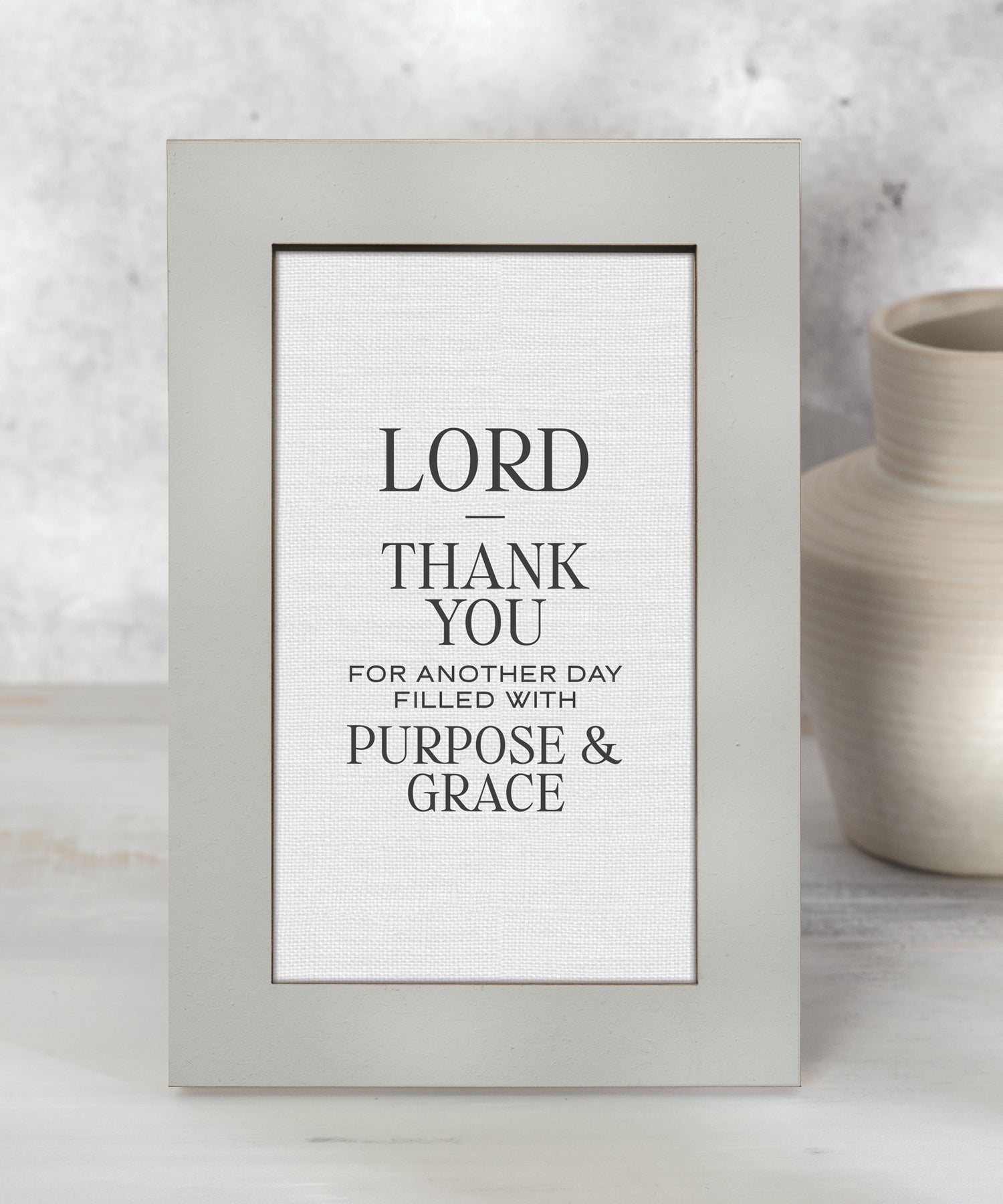 Lord Thank You for Another Day Filled with Purpose and Grace inspirational Christian 6x9 MDF plaque with modern sage green frame and neutral linen design