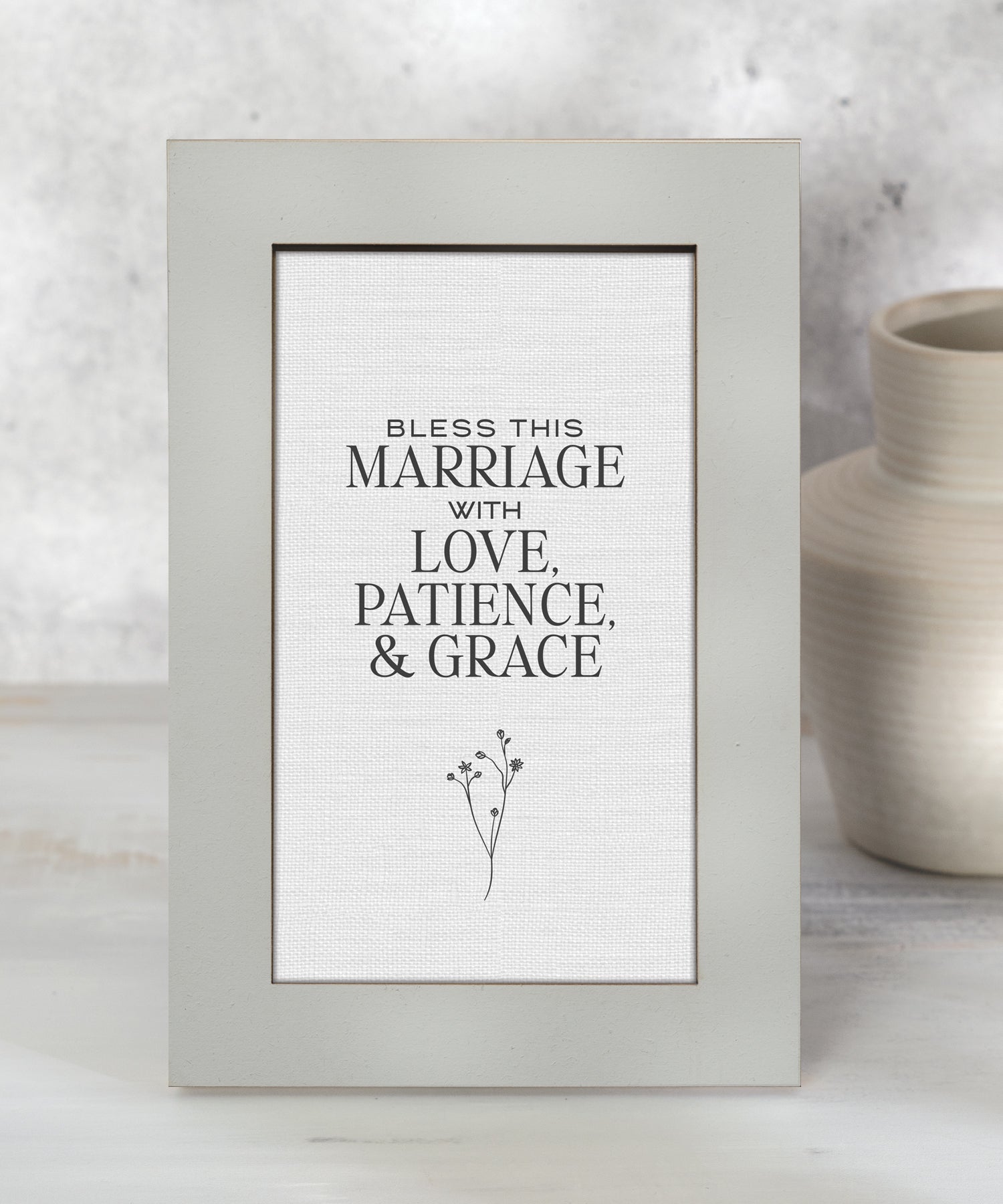 Bless This Marriage with Love, Patience & Grace inspirational Christian 6x9 MDF plaque with modern sage green frame and neutral linen design