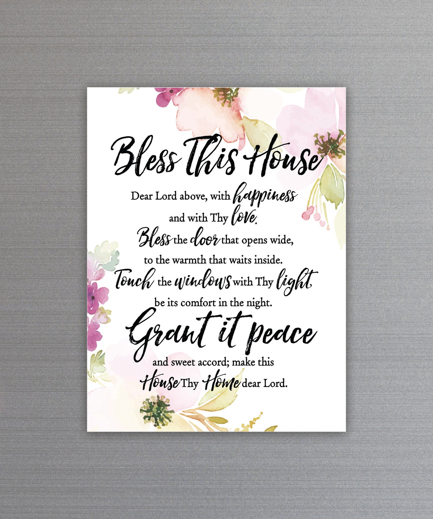 Full-color Bless This House Magnet with inspirational verse and vibrant imagery featuring a strong magnetic backing.