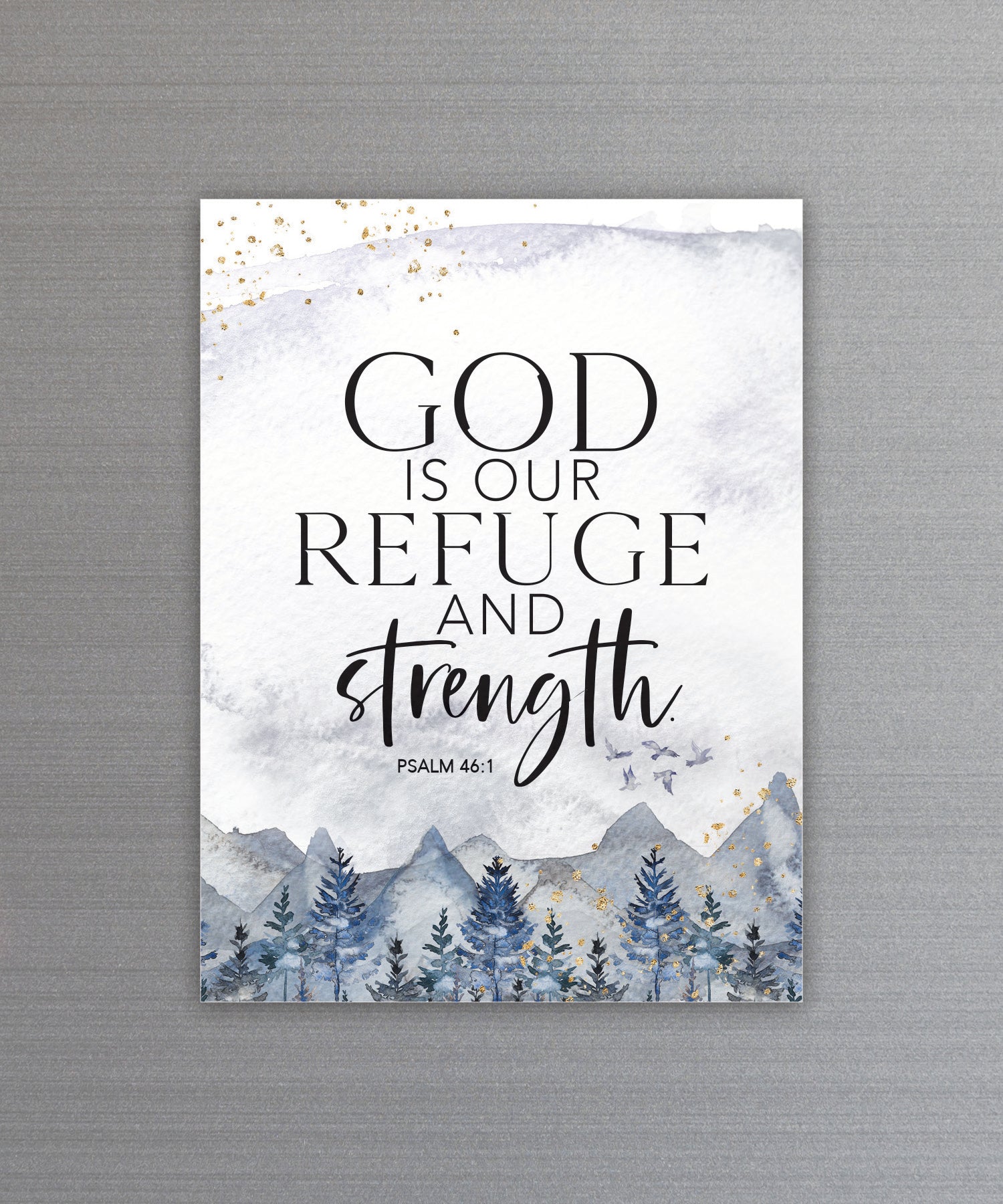 Full-color God Is Our Refuge Magnet with inspirational verse and vibrant imagery featuring a strong magnetic backing.