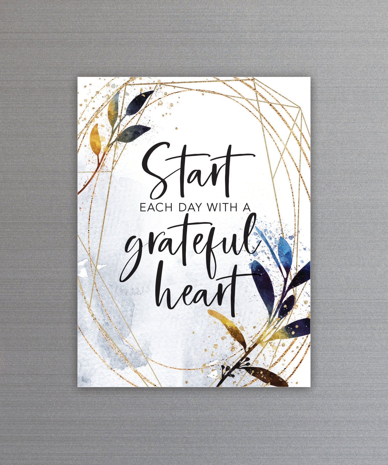 Full-color Start Each Day Magnet with inspirational verse and vibrant imagery featuring a strong magnetic backing.