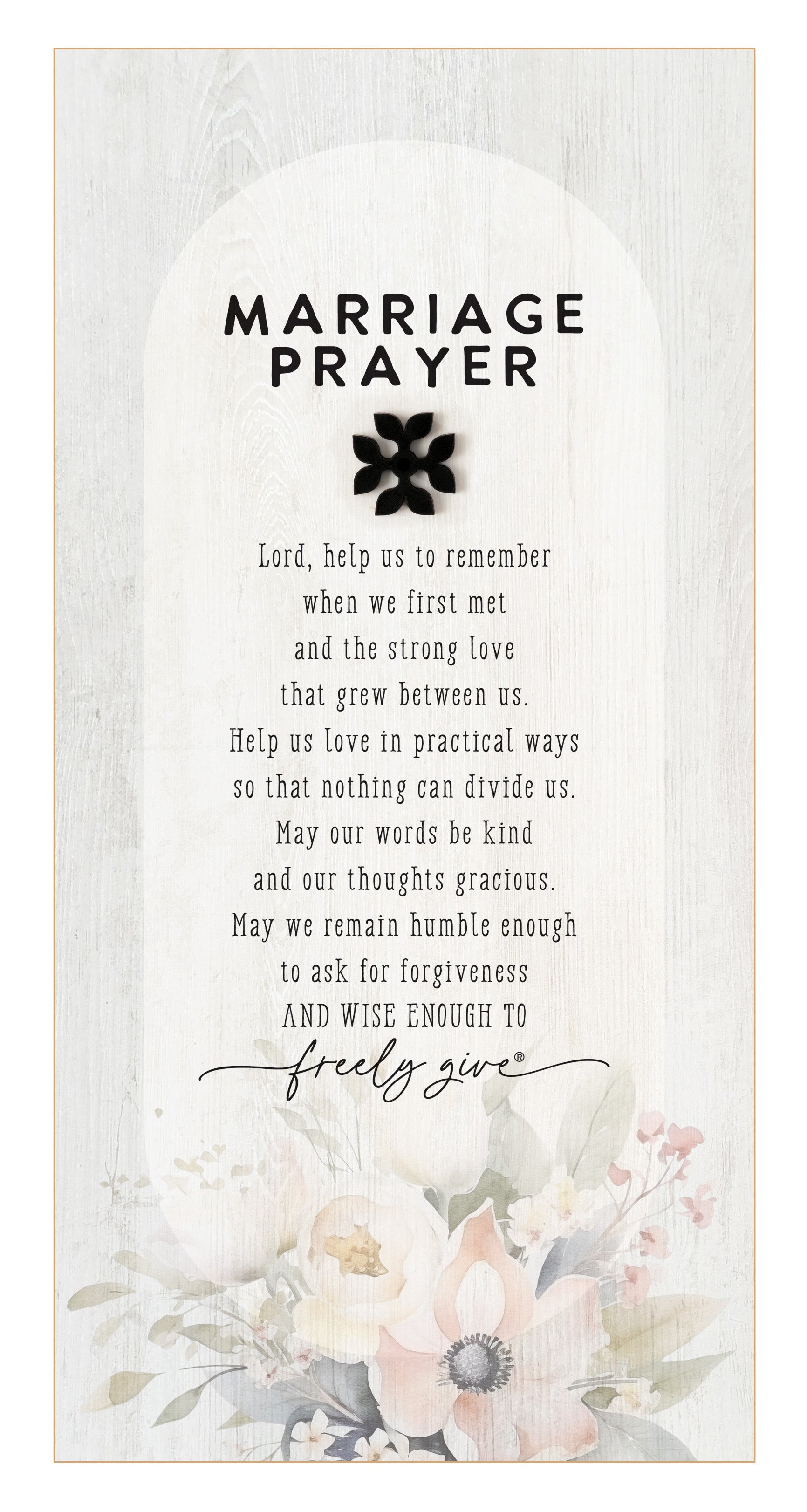Marriage Prayer 6x13 MDF Statement Board with neutral-toned artwork, natural edge, farmhouse-style design, and a laser-cut black wood emblem accent under the title featuring an inspirational quote.