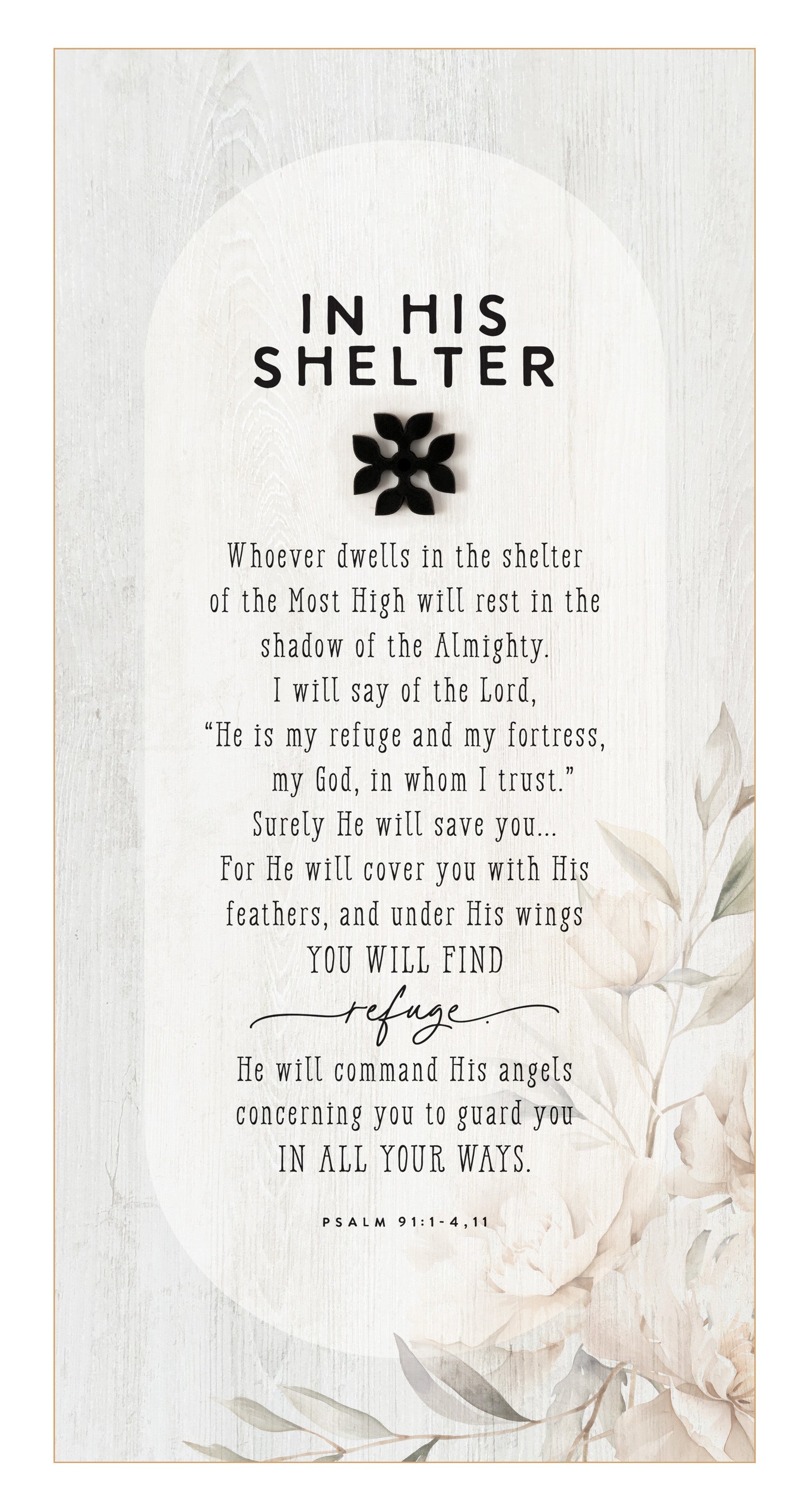 In His Shelter 6x13 MDF Statement Board with neutral-toned artwork, natural edge, farmhouse-style design, and a laser-cut black wood emblem accent under the title featuring an inspirational verse.