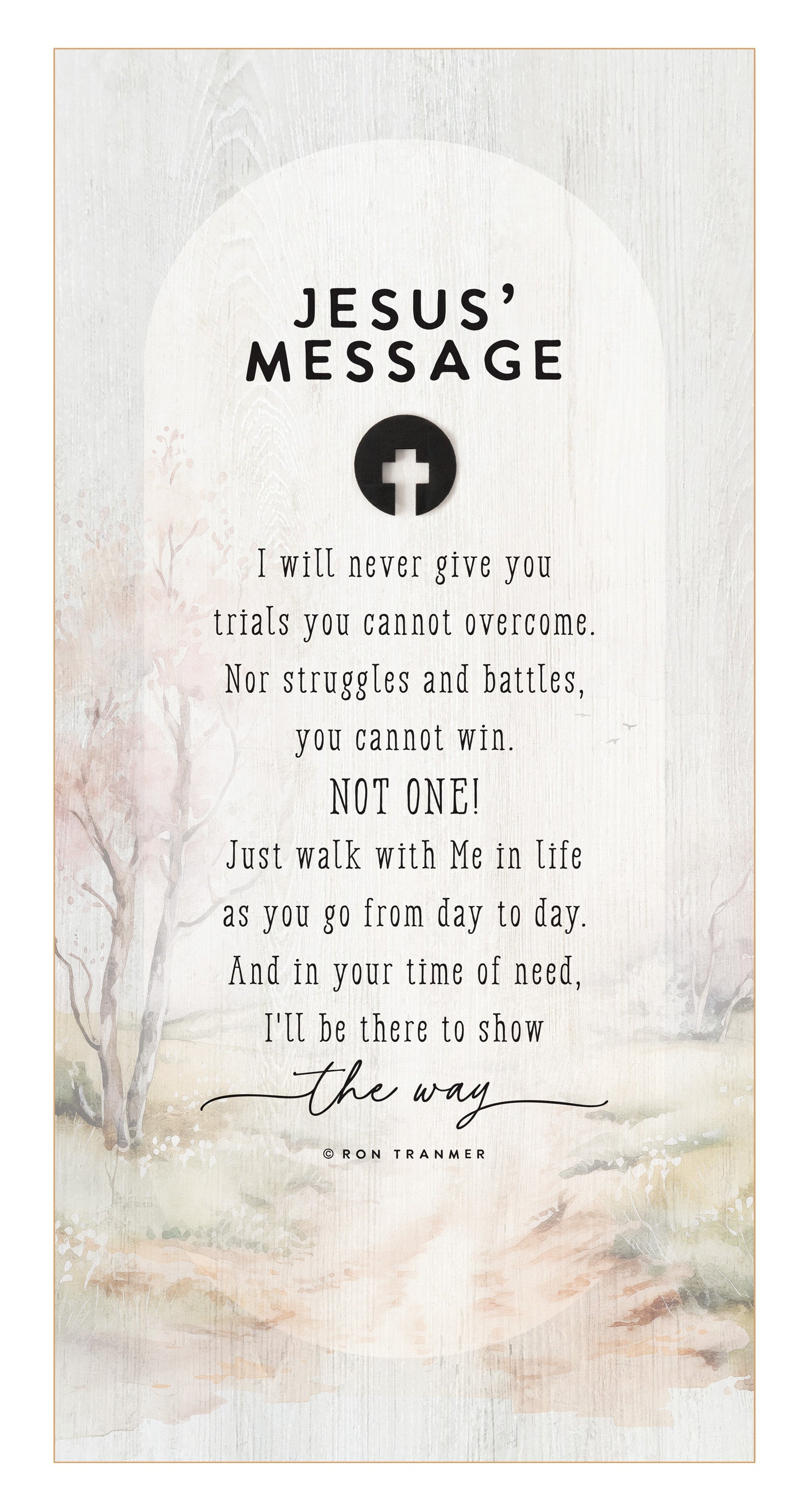 Jesus’ Message 6x13 MDF Statement Board with neutral-toned artwork, natural edge, farmhouse-style design, and a laser-cut black wood emblem accent under the title featuring an inspirational quote.