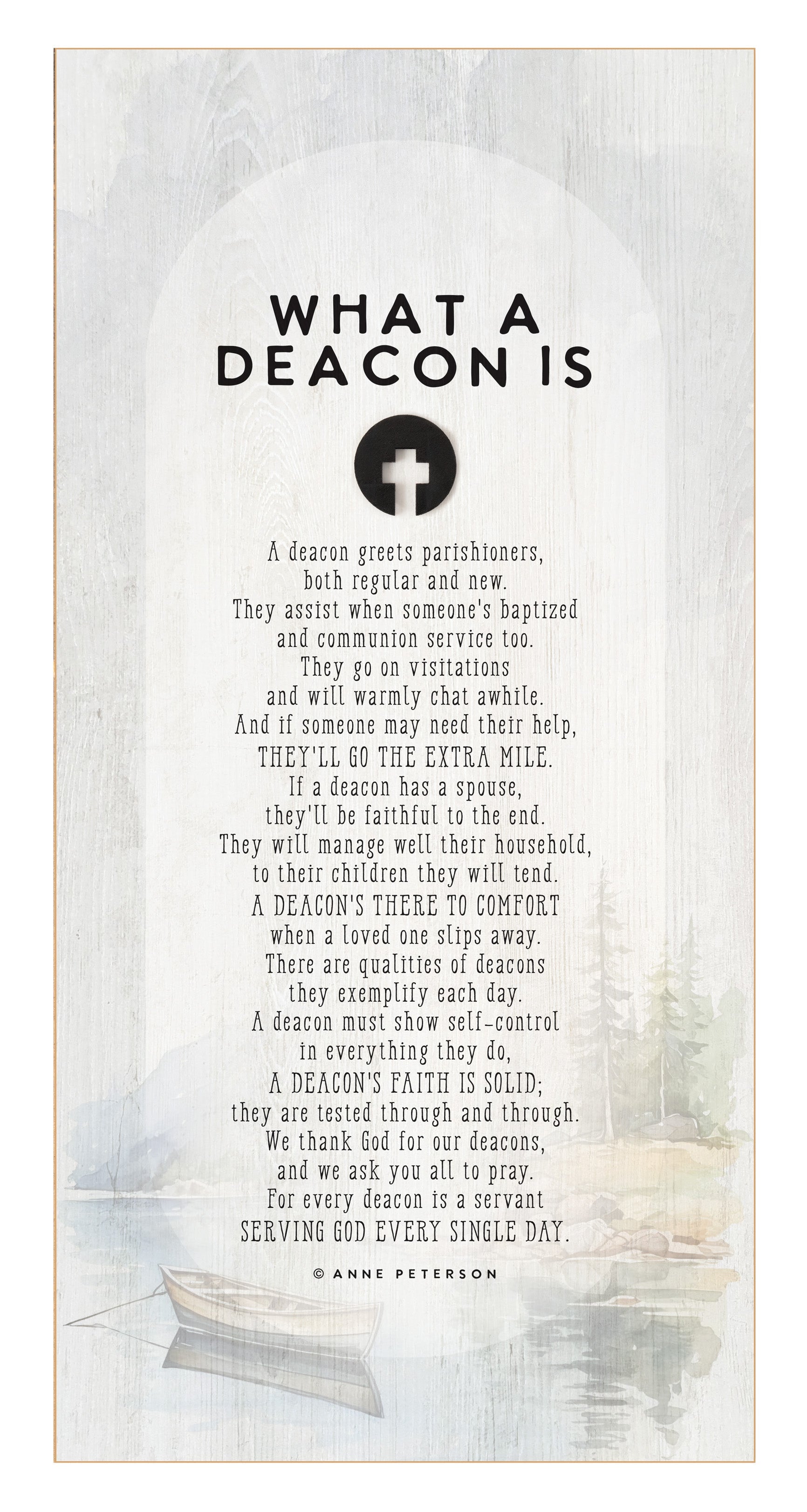 What a Deacon Is 6x13 MDF Statement Board with neutral-toned artwork, natural edge, farmhouse-style design, and a laser-cut black wood emblem accent under the title featuring an inspirational quote.