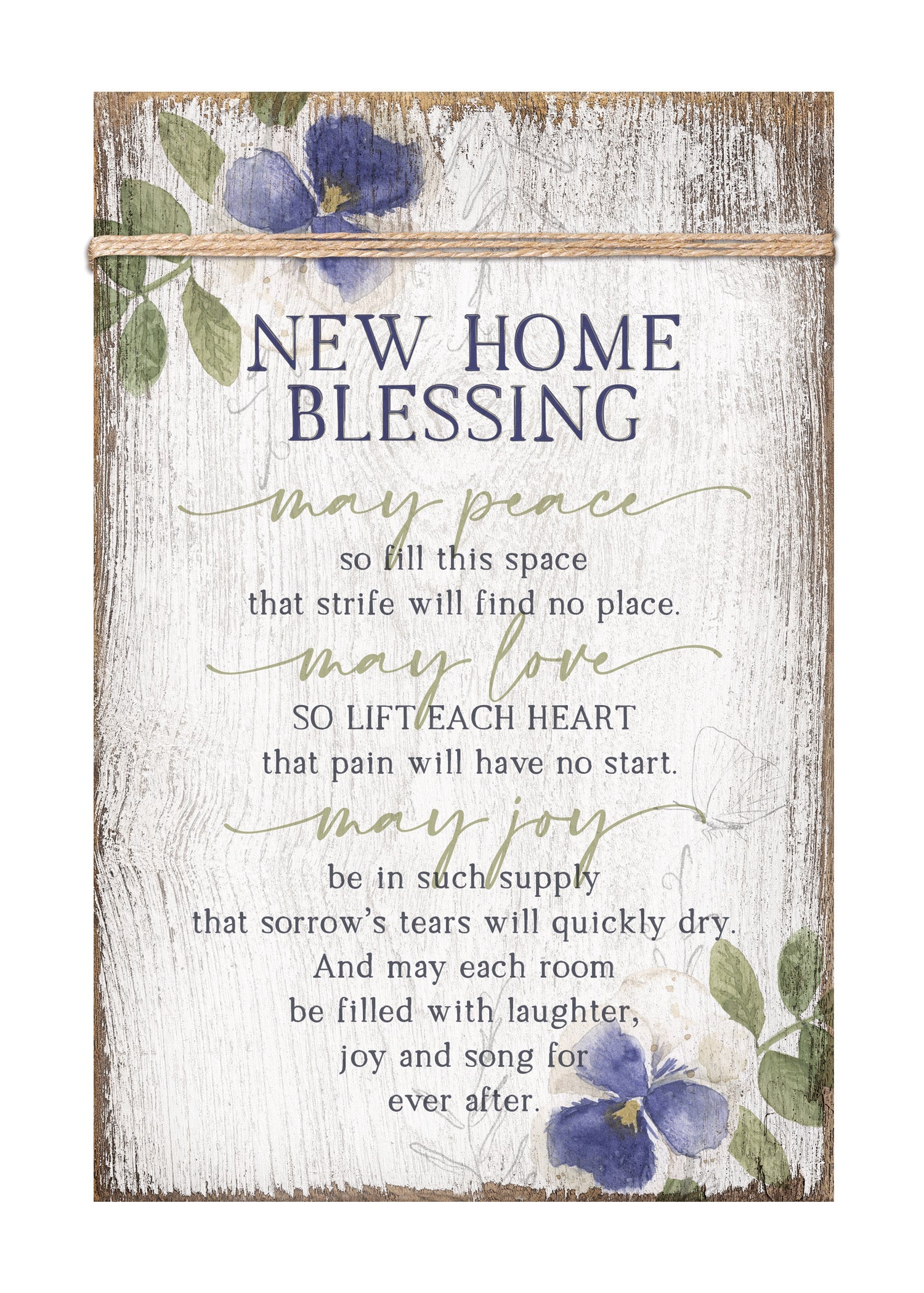 New Home Blessing 6x9 MDF Plaque wrapped with twine for a modern farmhouse look. It features full-color printing and a keyhole for easy hanging.