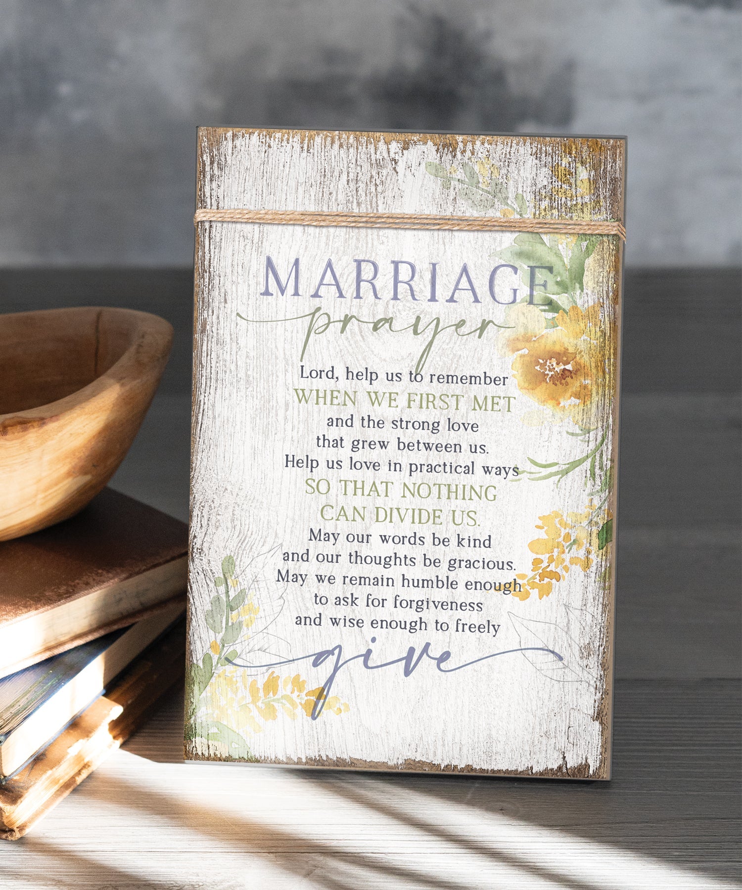 Marriage Prayer 6x9 MDF Plaque wrapped with twine for a modern farmhouse look. It features full-color printing and a keyhole for easy hanging.