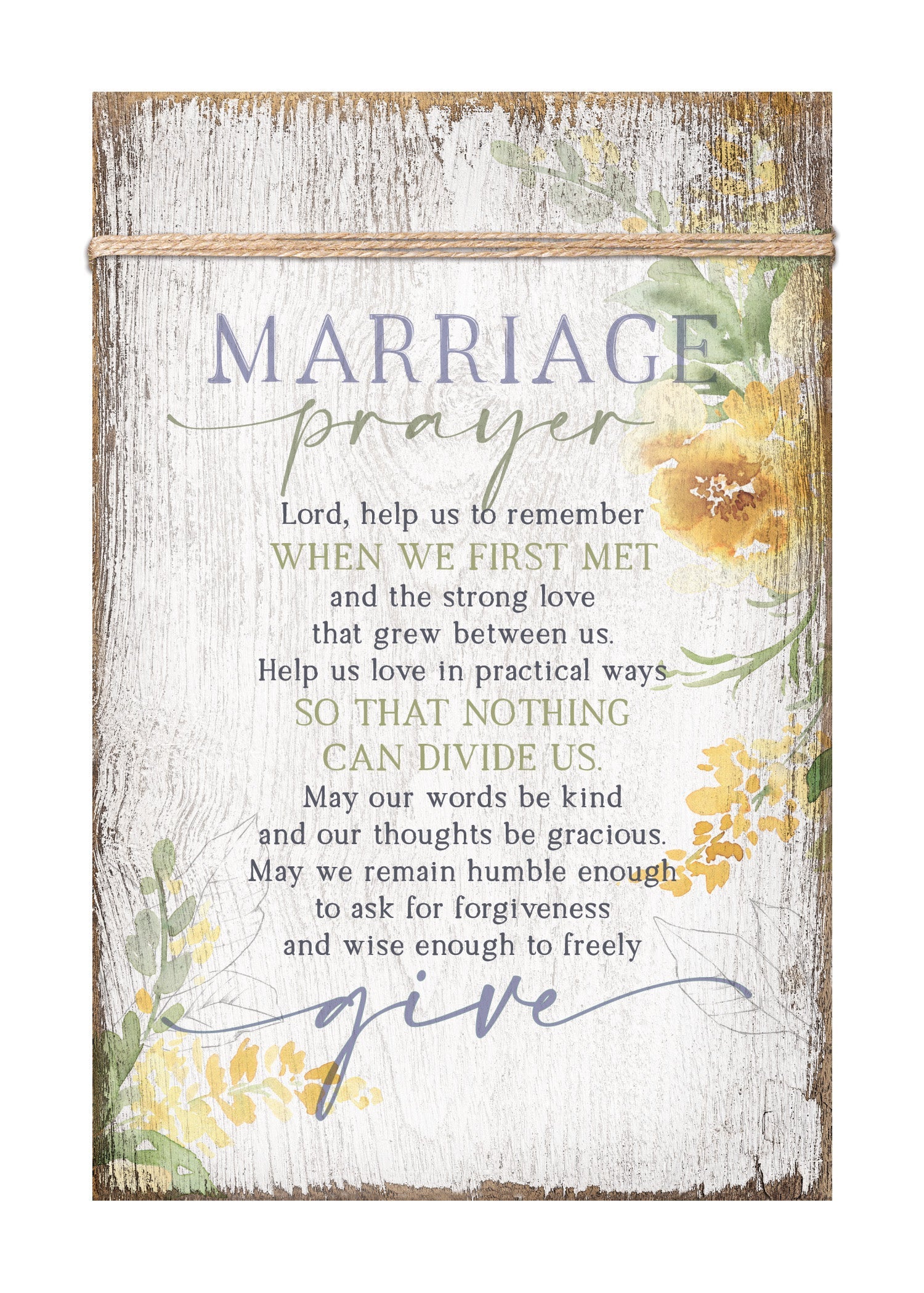 Marriage Prayer 6x9 MDF Plaque wrapped with twine for a modern farmhouse look. It features full-color printing and a keyhole for easy hanging.