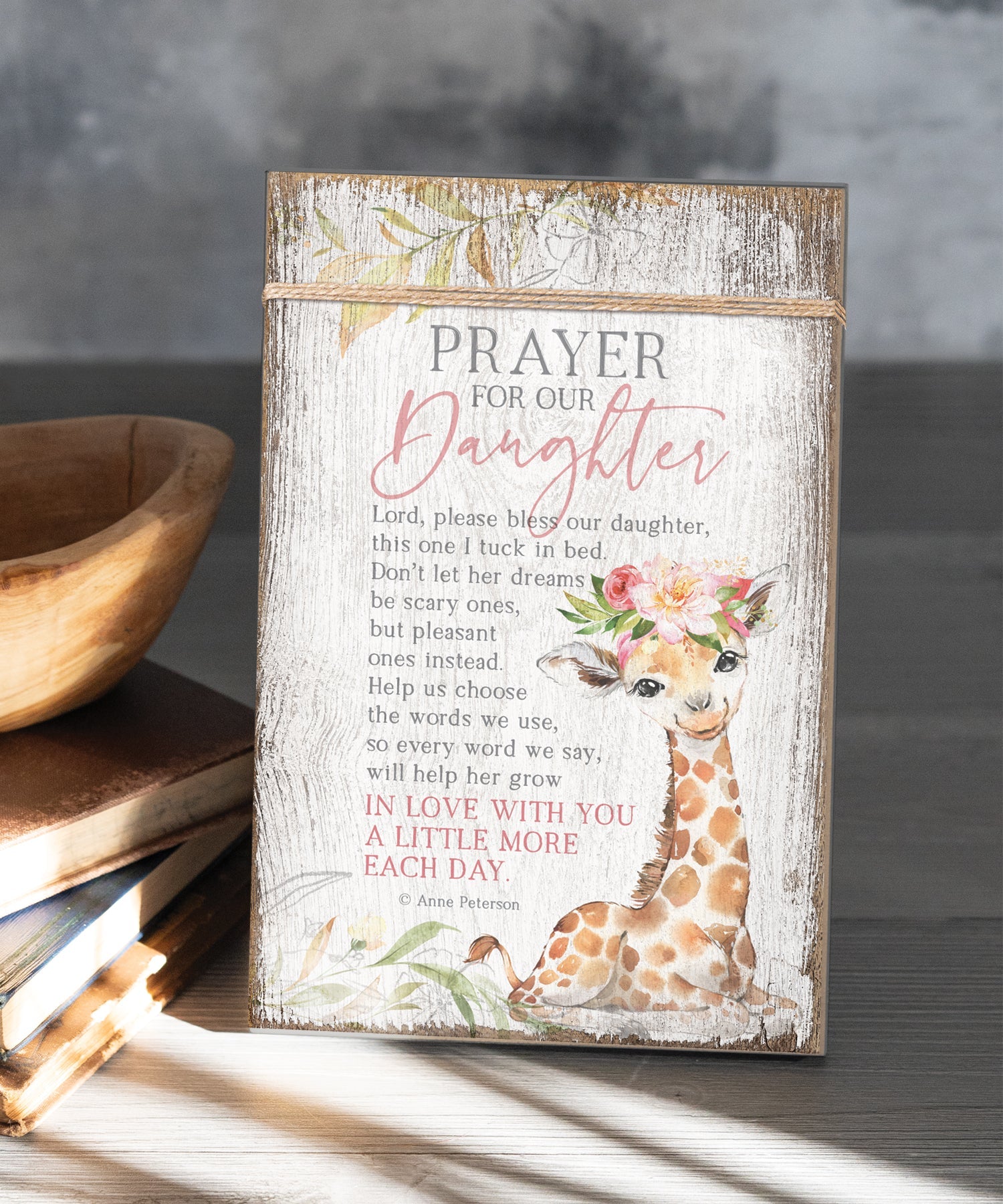 Prayer for Our Daughter 6x9 MDF Plaque wrapped with twine for a modern farmhouse look. It features full-color printing and a keyhole for easy hanging.