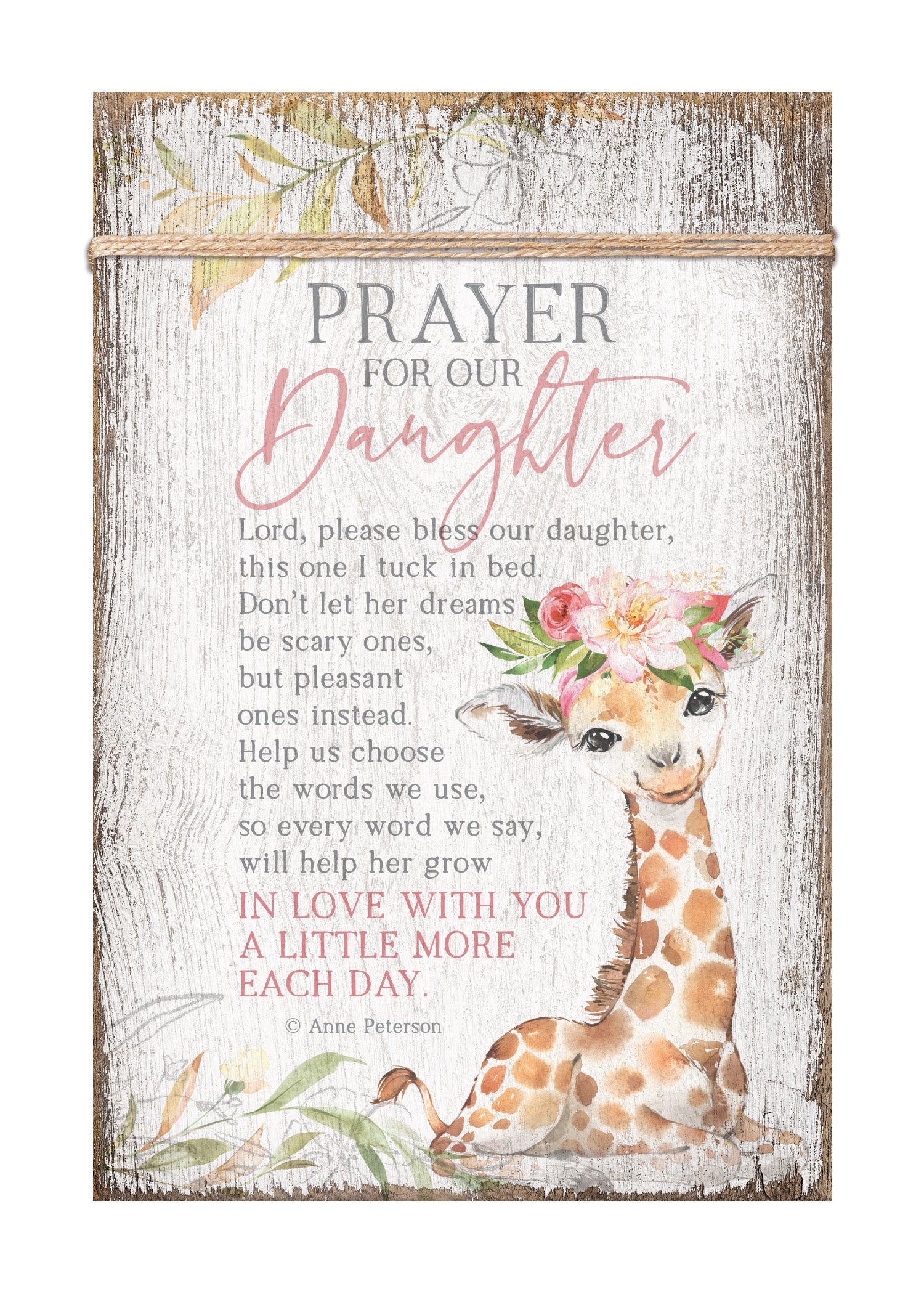 Prayer for Our Daughter 6x9 MDF Plaque wrapped with twine for a modern farmhouse look. It features full-color printing and a keyhole for easy hanging.