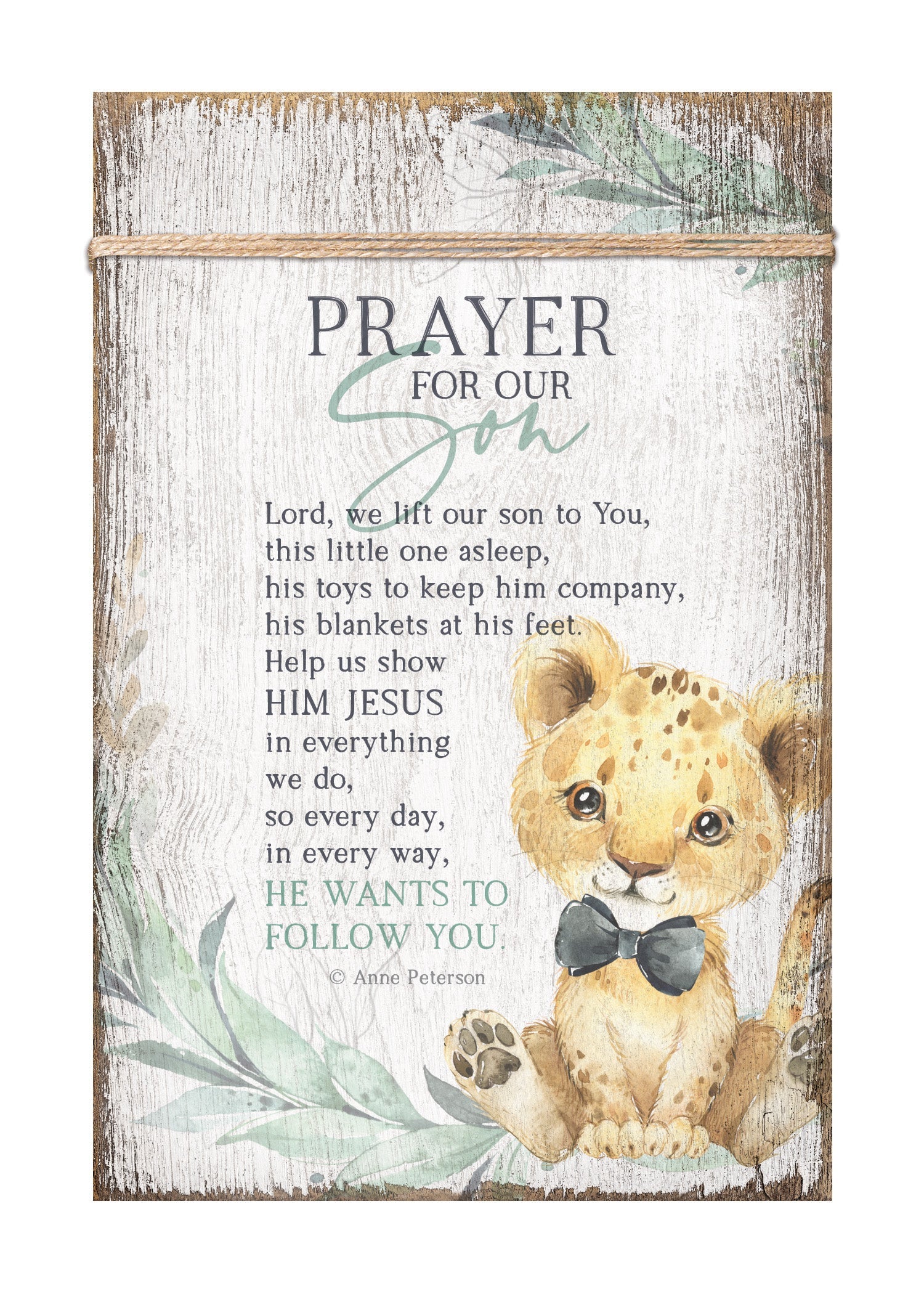 Prayer for Our Son 6x9 MDF Plaque wrapped with twine for a modern farmhouse look. It features full-color printing and a keyhole for easy hanging.