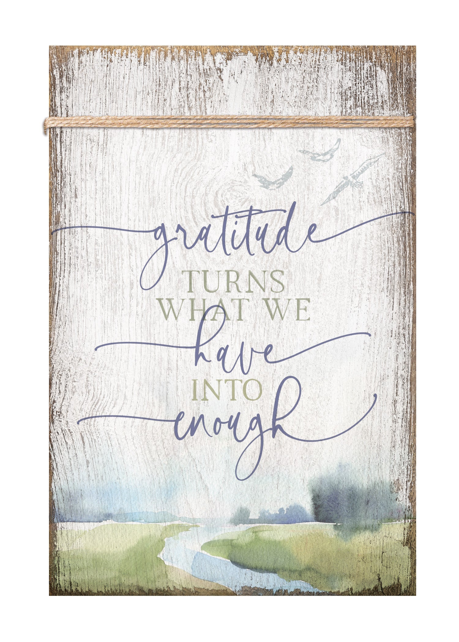 Gratitude Turns 6x9 MDF Plaque wrapped with twine for a modern farmhouse look. It features full-color printing and a keyhole for easy hanging.