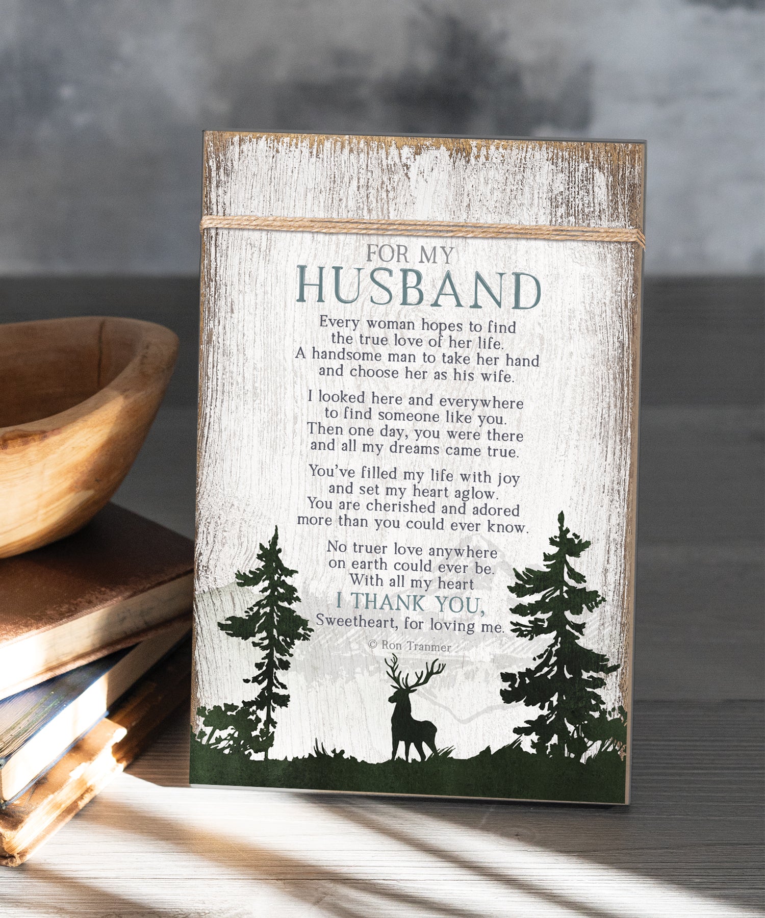 For My Husband 6x9 MDF Plaque wrapped with twine for a modern farmhouse look. It features full-color printing and a keyhole for easy hanging.