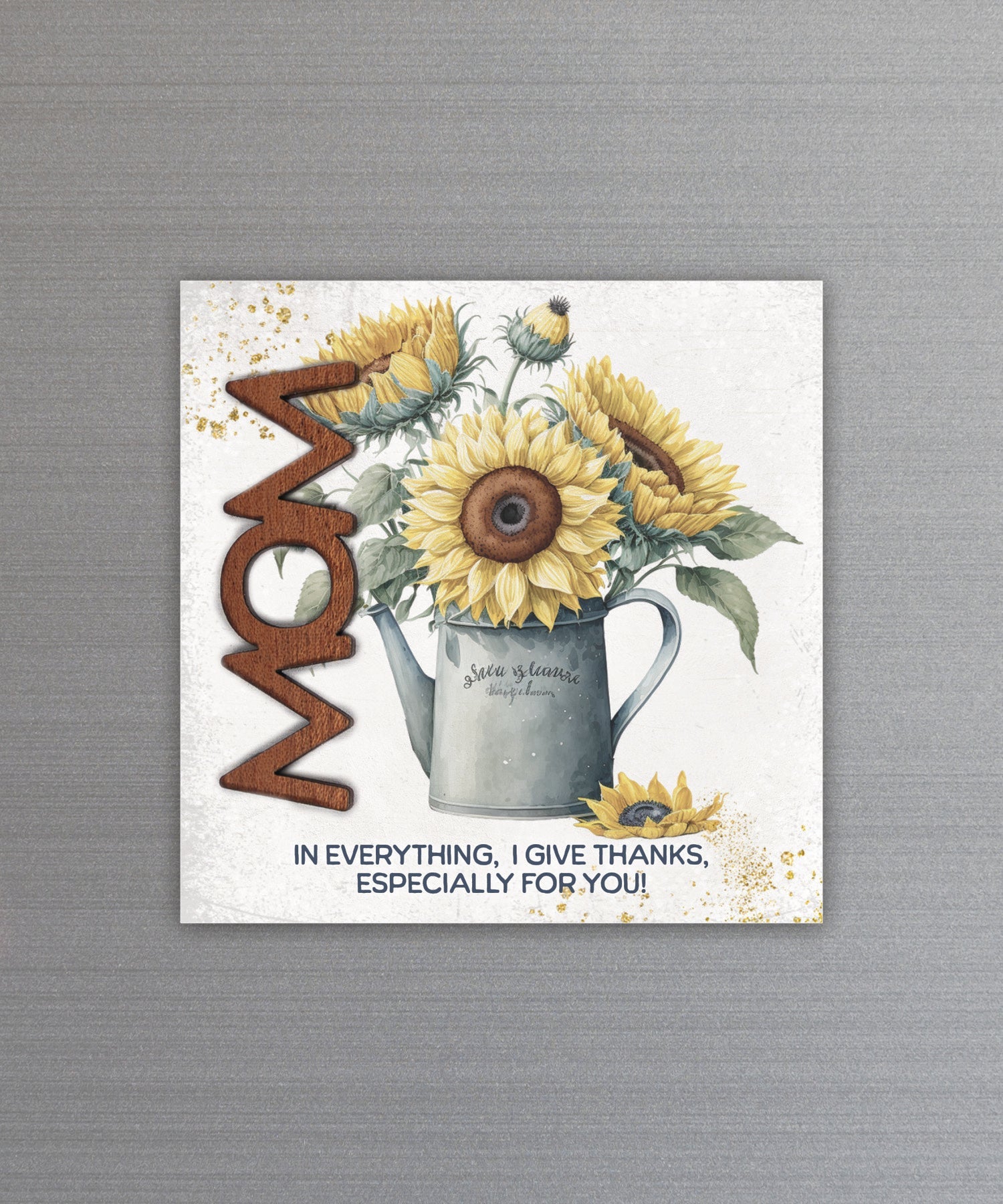 Mom In Everything magnet-plaque with laser-cut wooden words, premium MDF wood, and versatile easel stand.