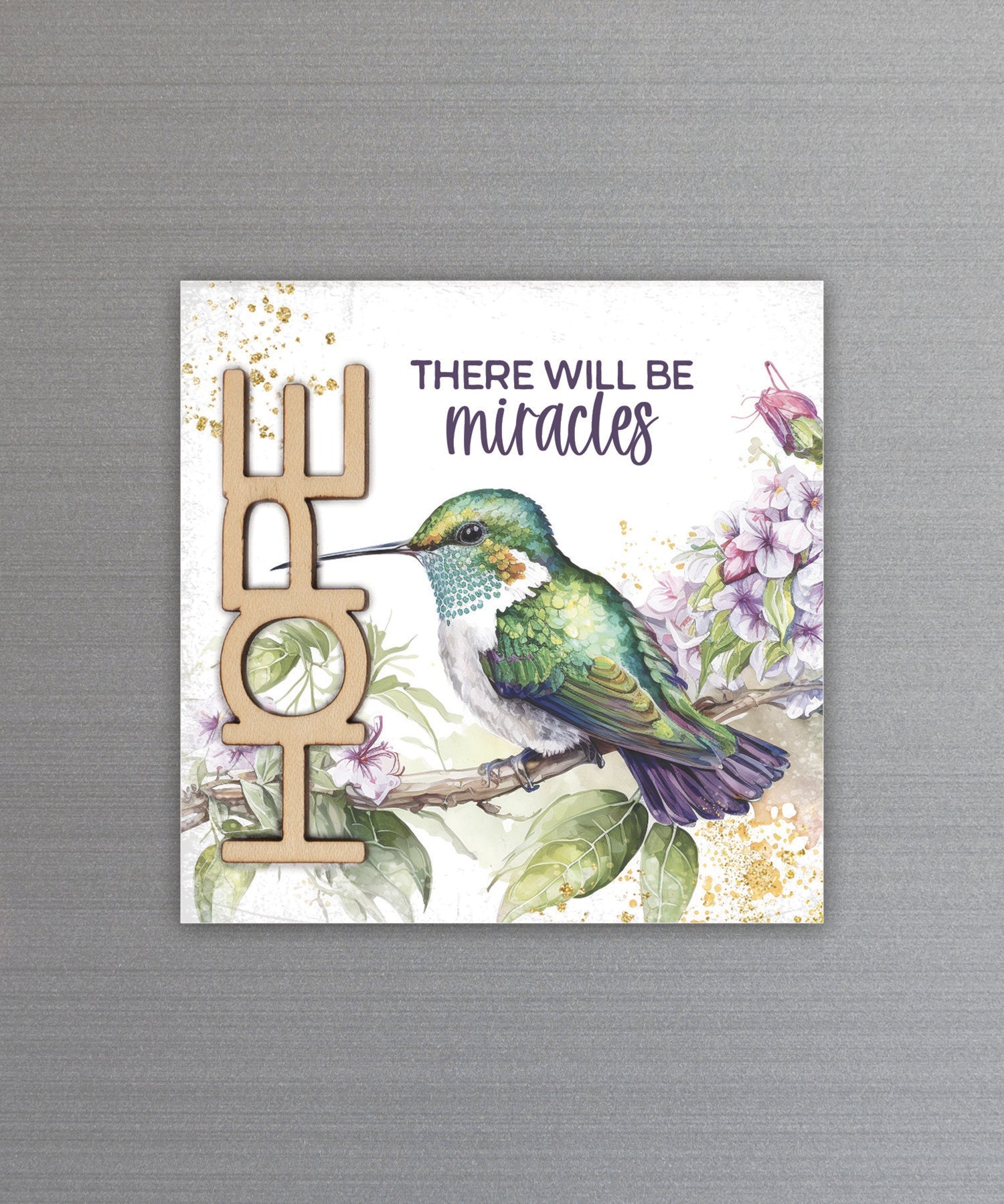 There Will be Miracles magnet-plaque with laser-cut wooden words, premium MDF wood, and versatile easel stand.