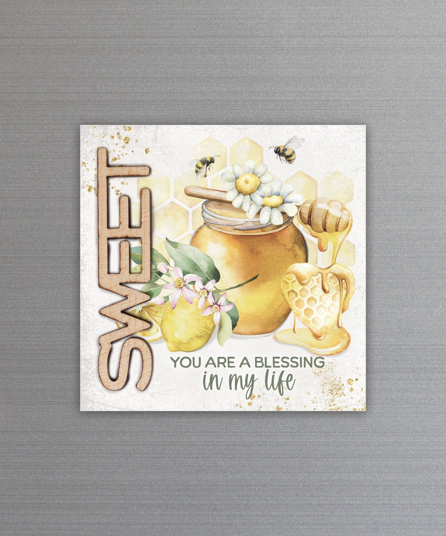 Sweet You are a Blessing magnet-plaque with laser-cut wooden words, premium MDF wood, and versatile easel stand.