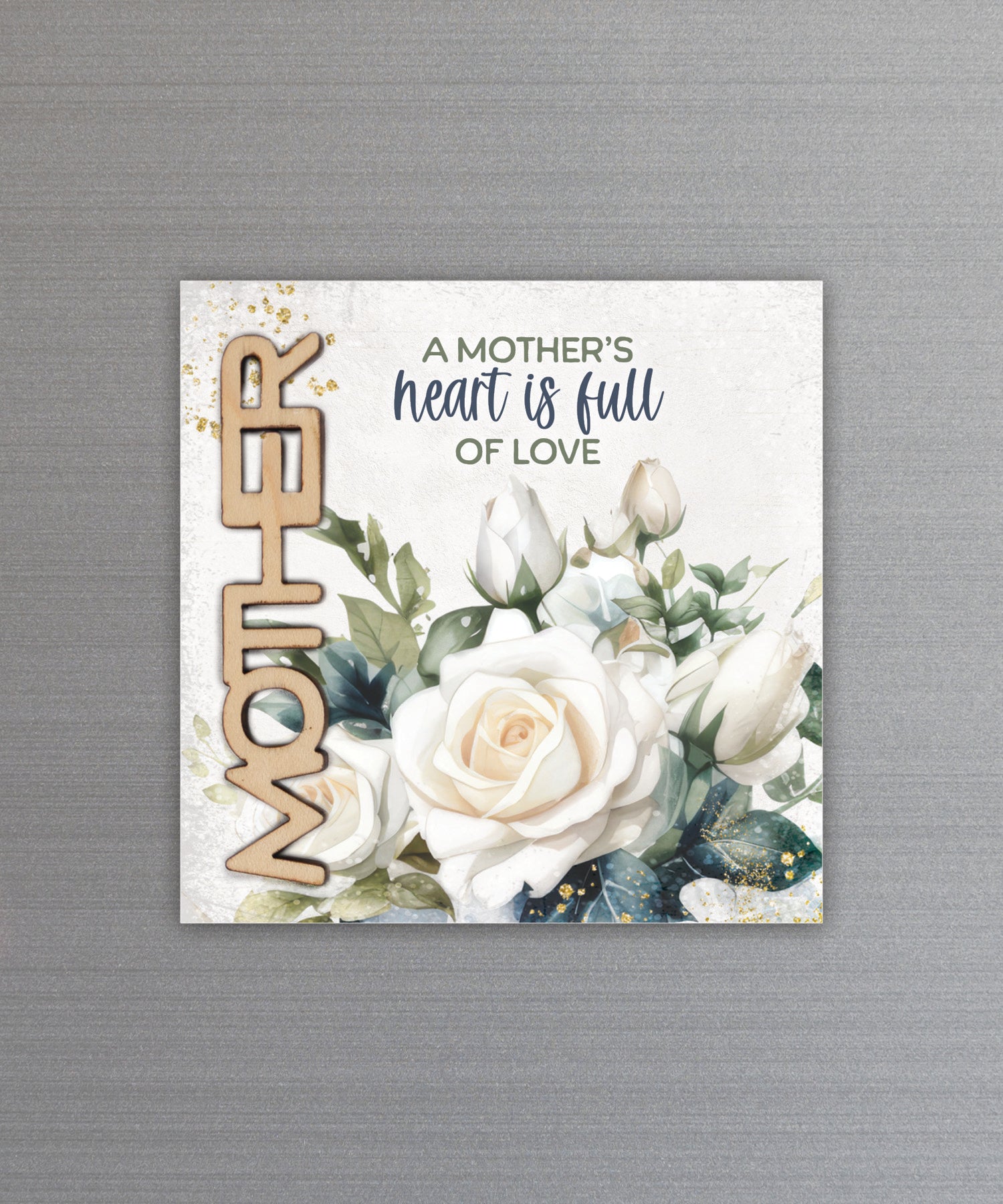 A Mother’s Heart magnet-plaque with laser-cut wooden words, premium MDF wood, and versatile easel stand.