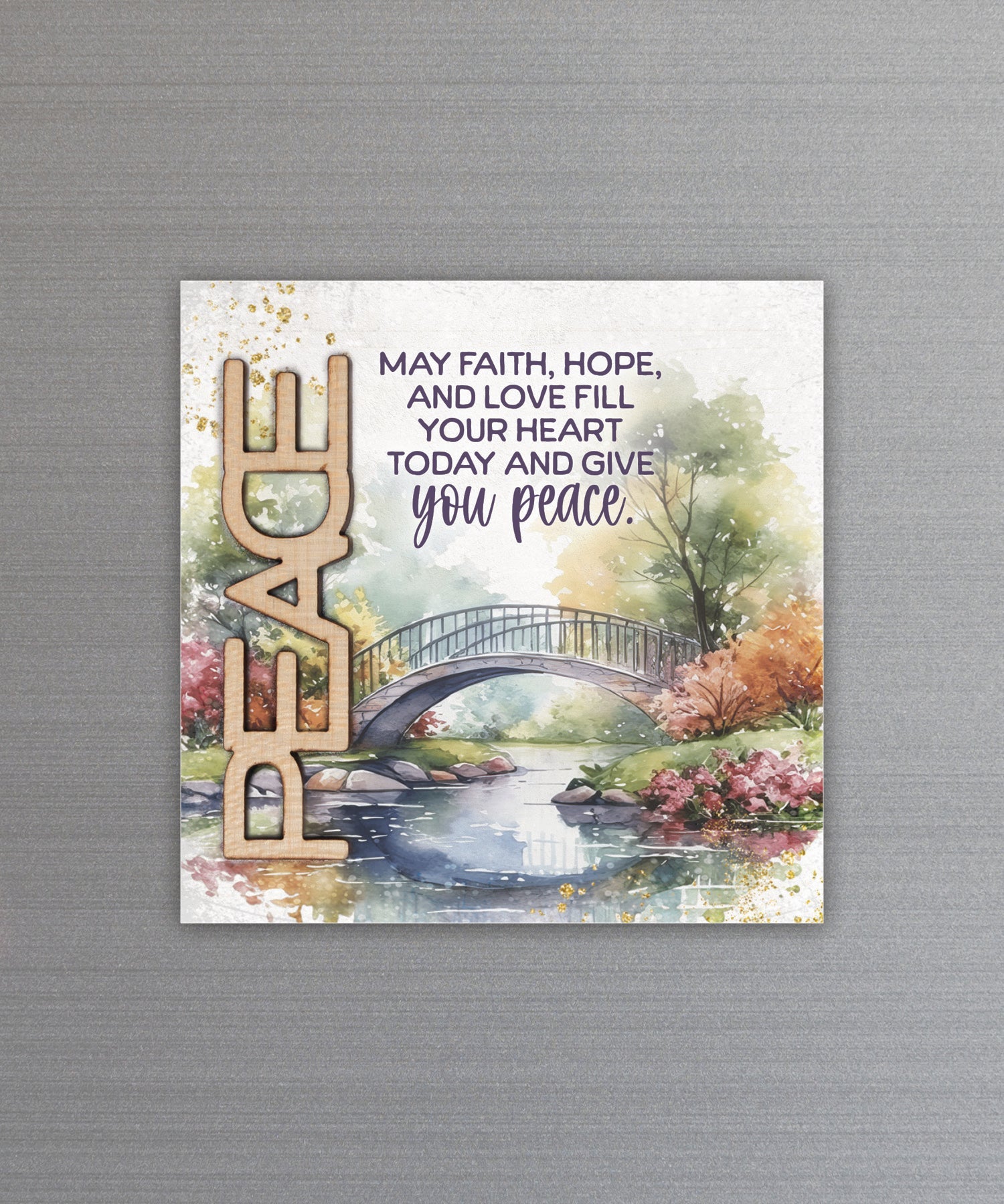 Faith Hope and Love magnet-plaque with laser-cut wooden words, premium MDF wood, and versatile easel stand.